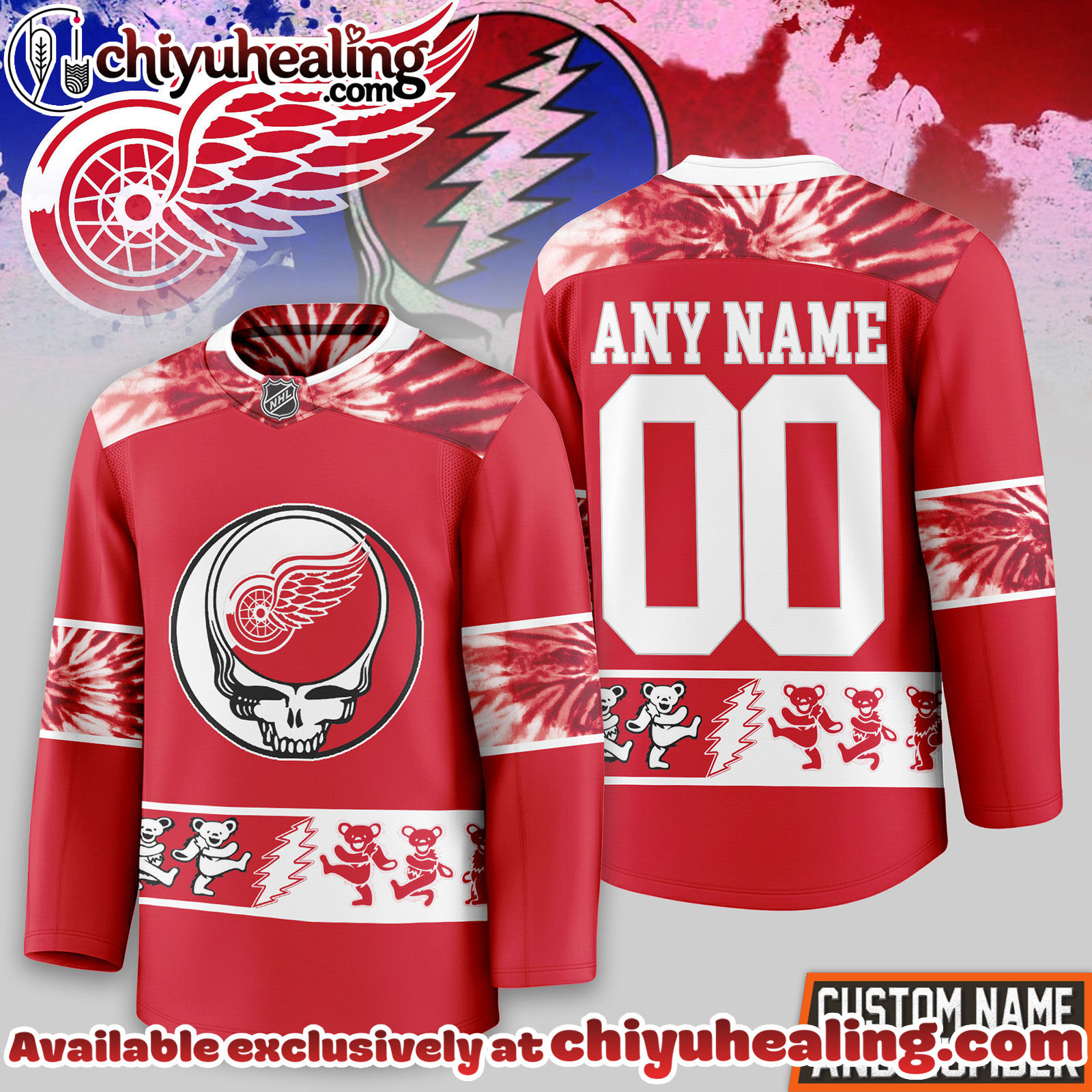 Detroit Red Wings Premium NHL Tie-Dye Skull Hockey Jersey
