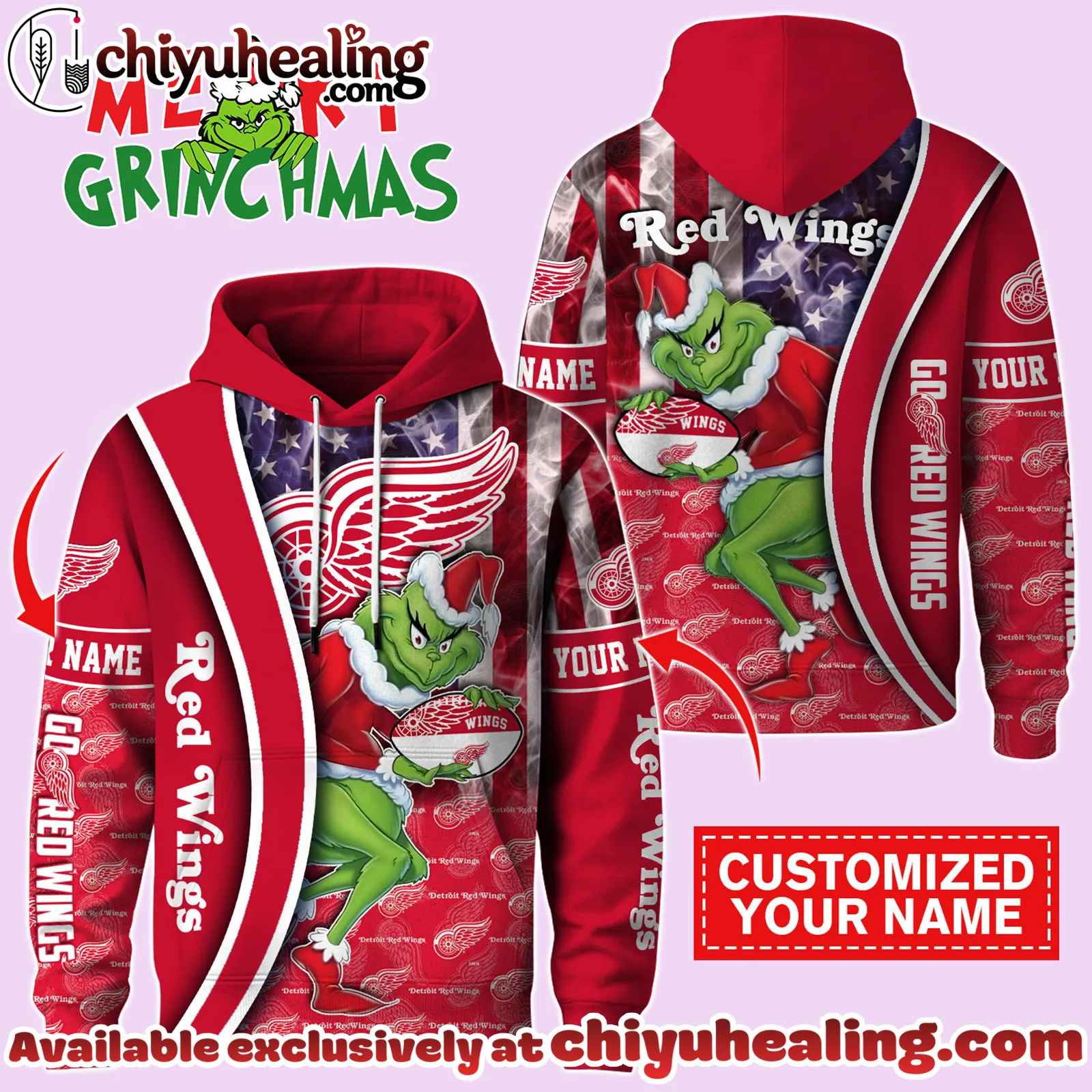 Detroit Red Wings x The Grinch Christmas Hockey Hoodie Limited Edition-3D Unisex Hoodie