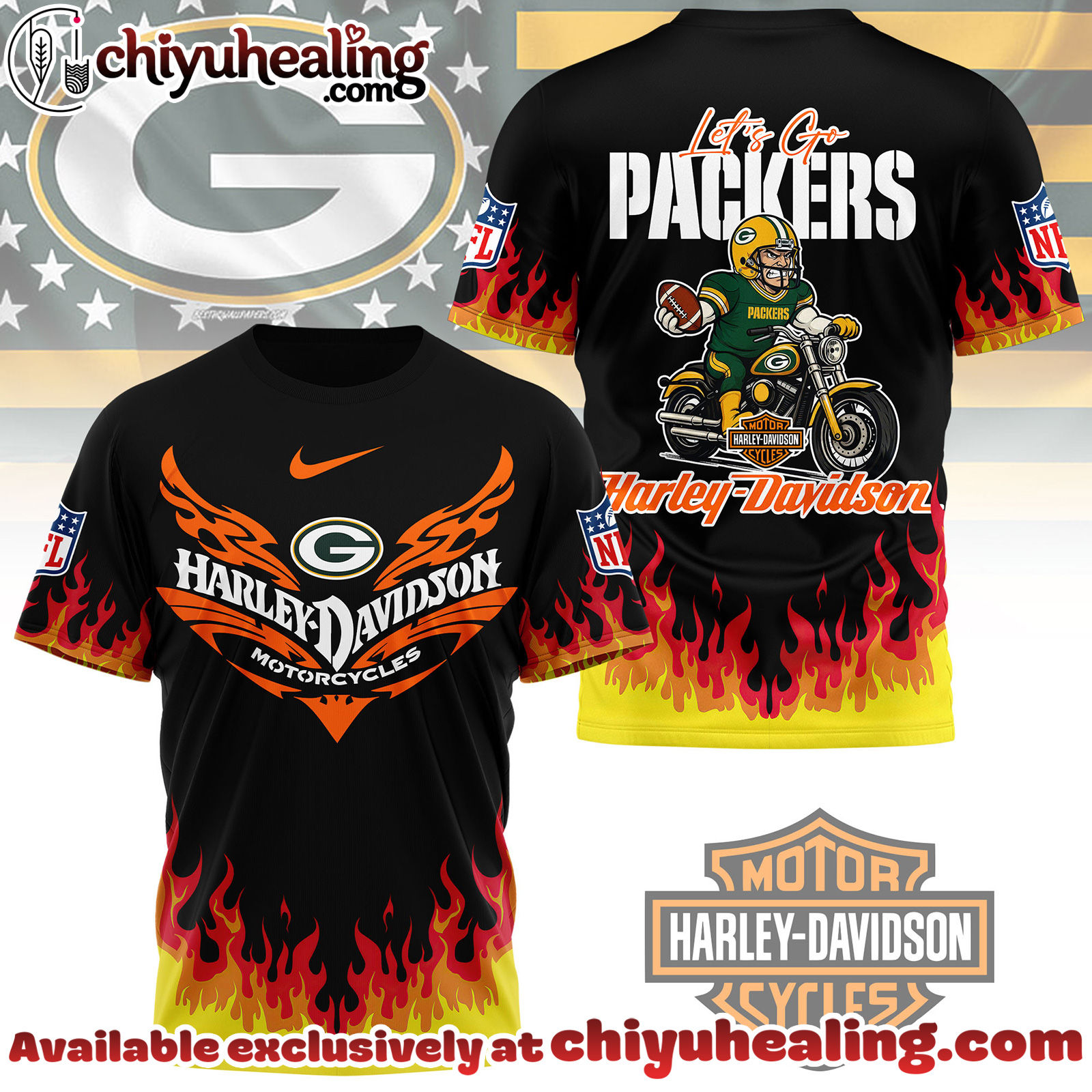 Green Bay Packers Premium NFL Harley Davidson Firewave 3D Shirt, Hoodie, Sweatshirt, All Team NFL