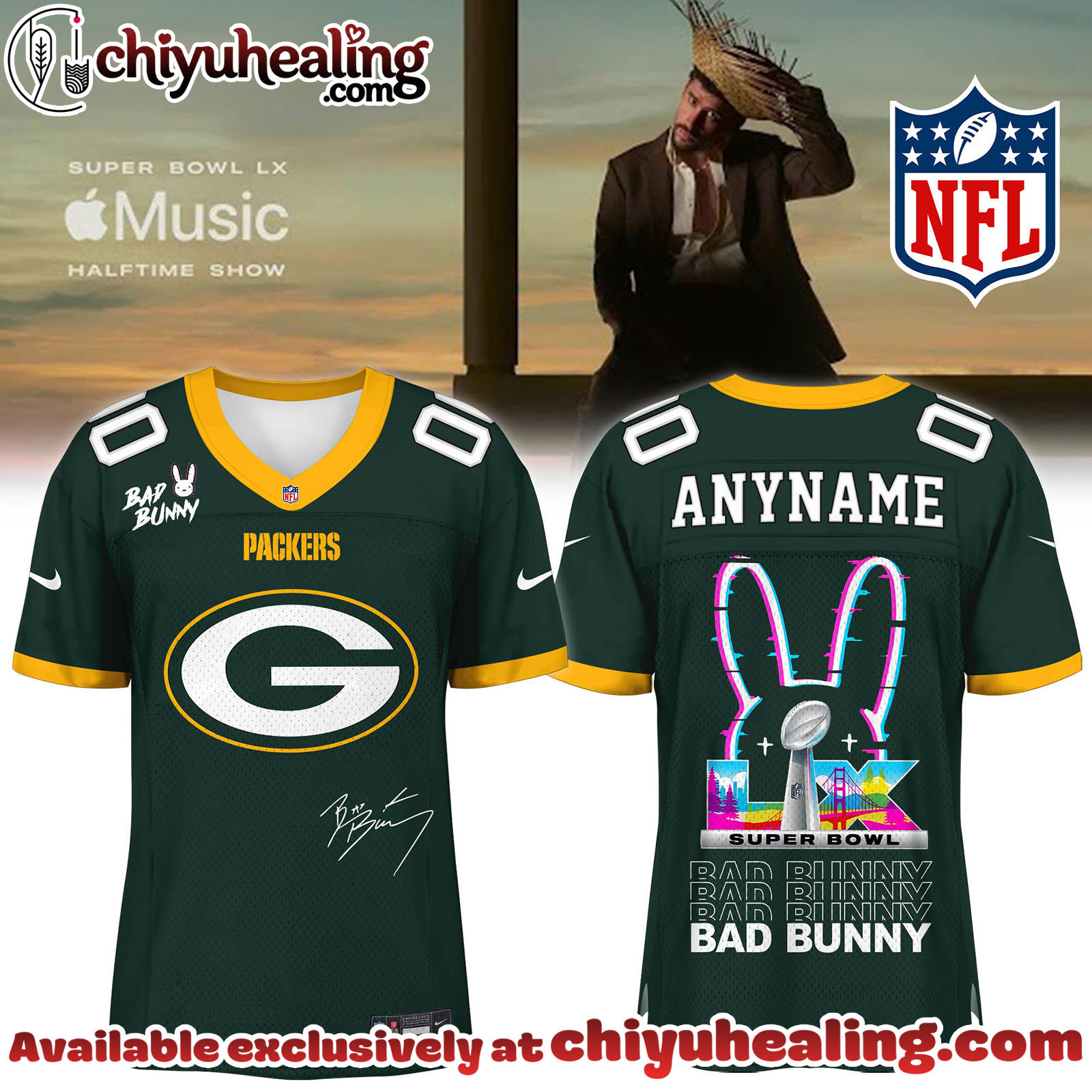 Green Bay Packers x Bad Bunny Super Bowl Football Jersey Limited Edition