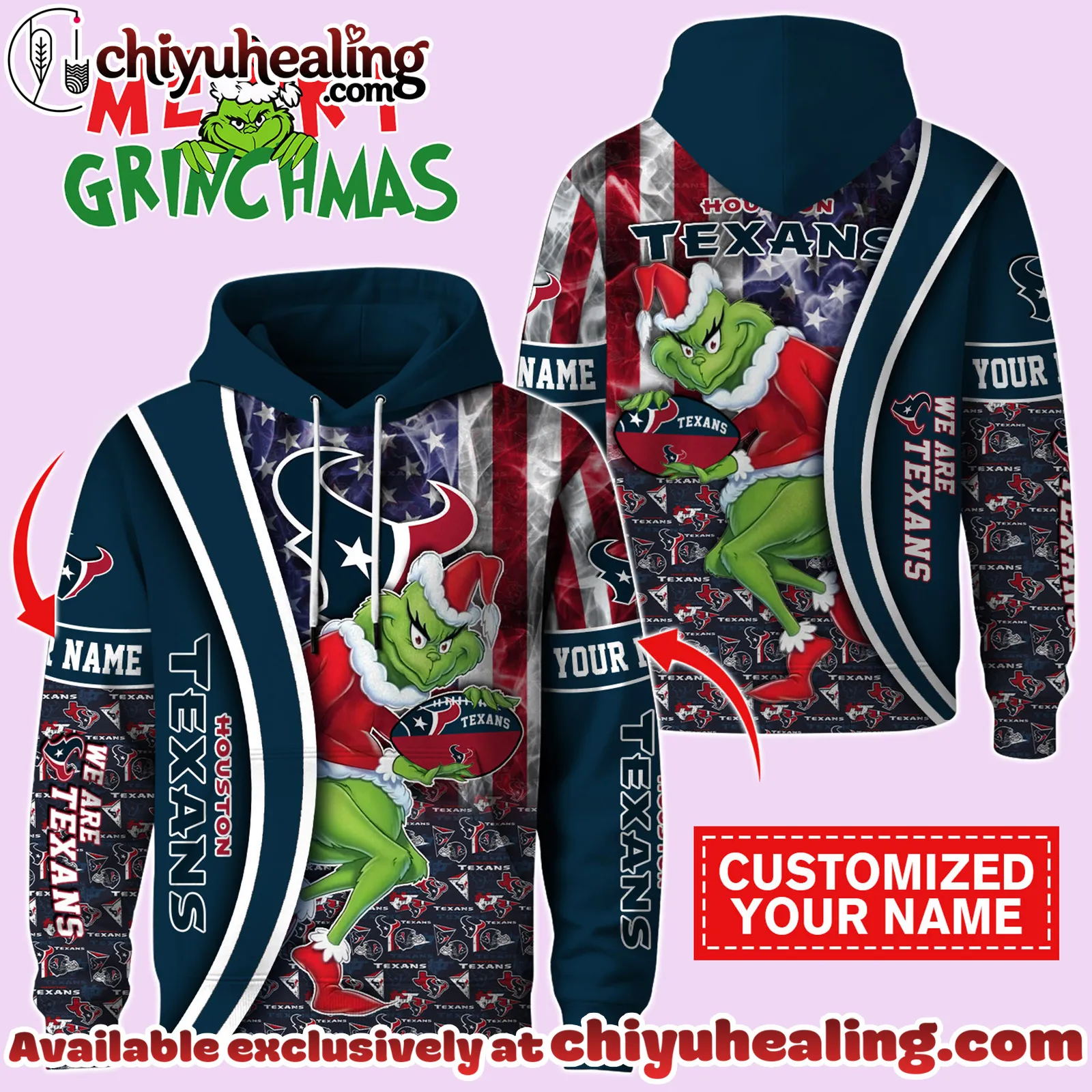 Houston Texans x The Grinch Christmas Football Hoodie Limited Edition-3D Unisex Hoodie