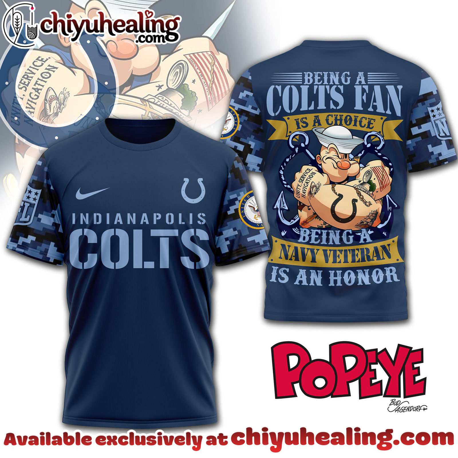 Indianapolis Colts Premium NFL Navy Veteran Popeye 3D T-Shirt, Hoodie, Sweatshirt, All Team NFL