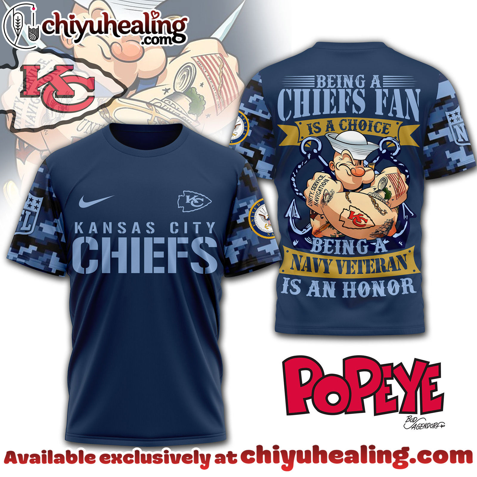 Kansas City Chiefs Premium NFL Navy Veteran Popeye 3D T-Shirt, Hoodie, Sweatshirt, All Team NFL