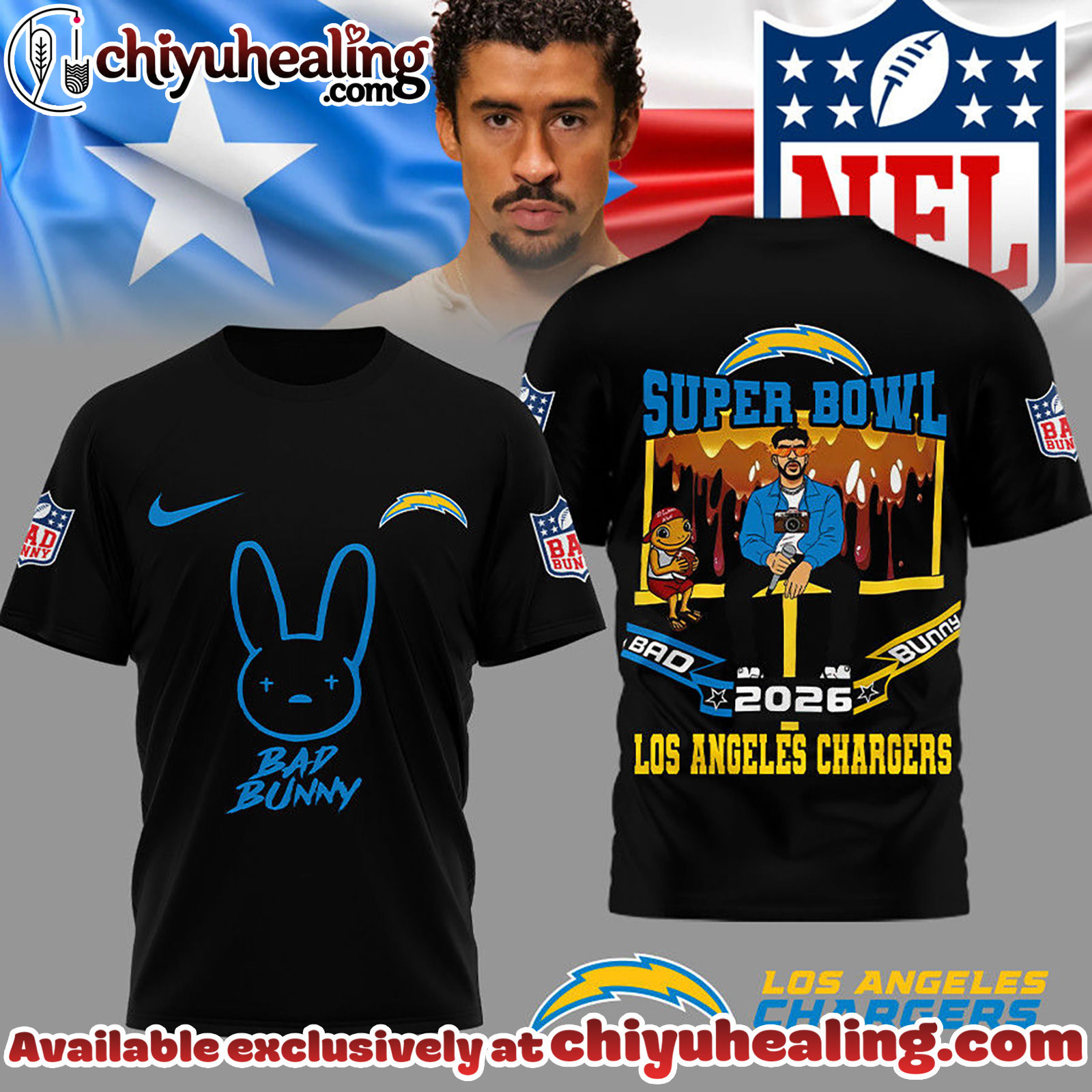 Los Angeles Chargers Premium NFL Bad Bunny Super Bowl 3D Shirt Los Angeles Chargers Premium NFL Bad Bunny Super Bowl 3D Shirt