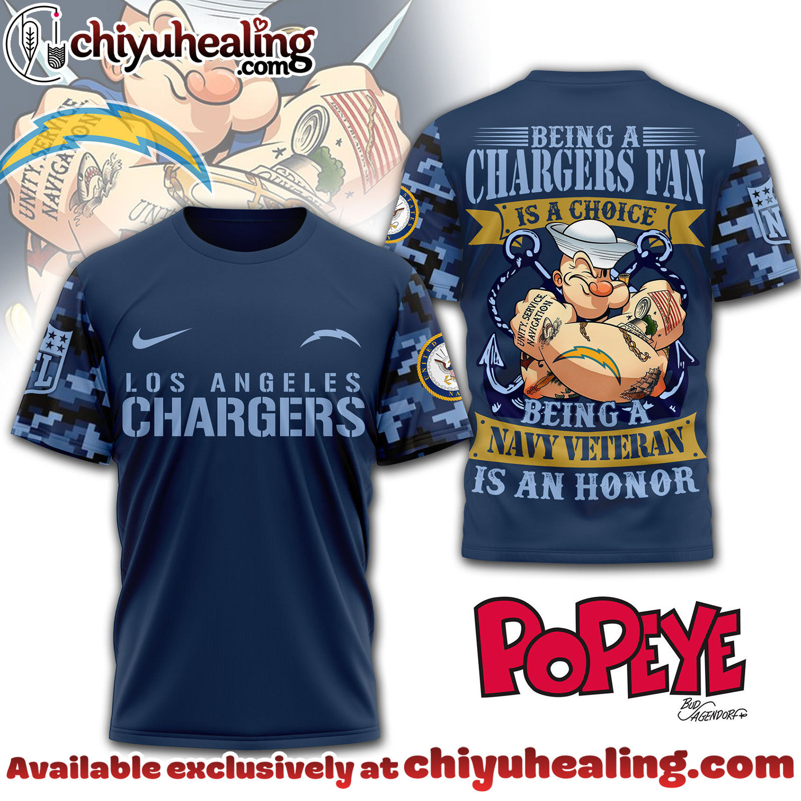 Los Angeles Chargers Premium NFL Navy Veteran Popeye 3D T-Shirt, Hoodie, Sweatshirt, All Team NFL