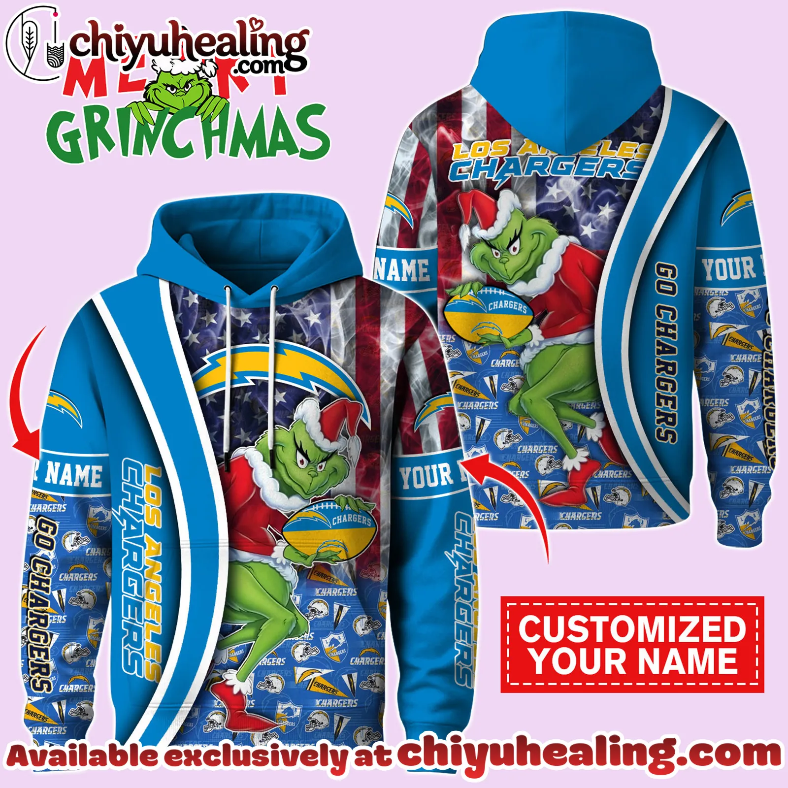 Los Angeles Chargers x The Grinch Christmas Football Hoodie Limited Edition-3D Unisex Hoodie