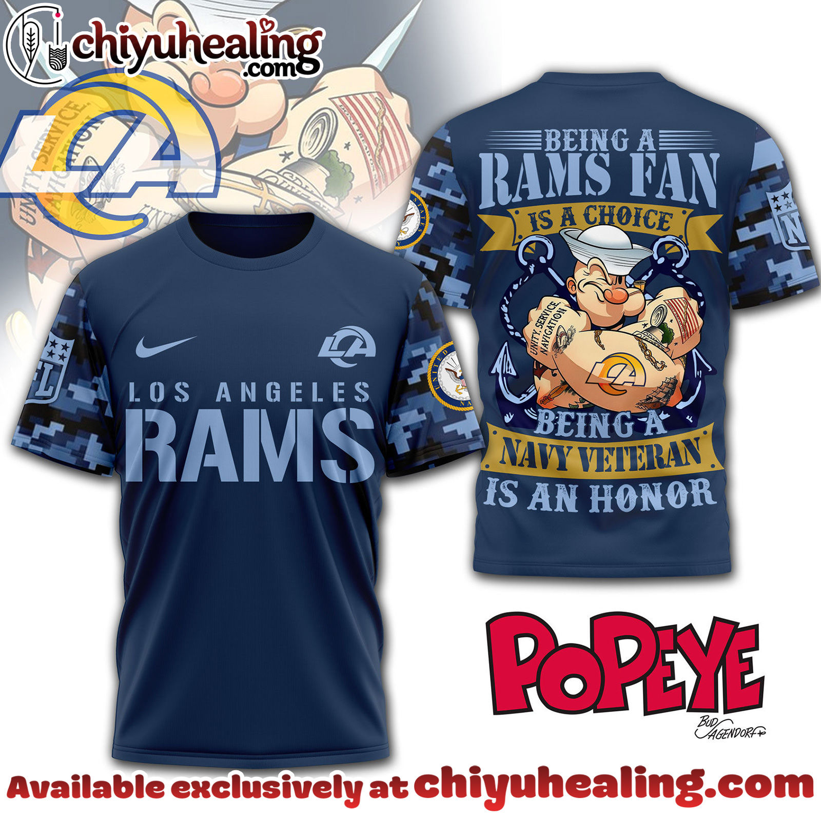 Los Angeles Rams Premium NFL Navy Veteran Popeye 3D T-Shirt, Hoodie, Sweatshirt, All Team NFL