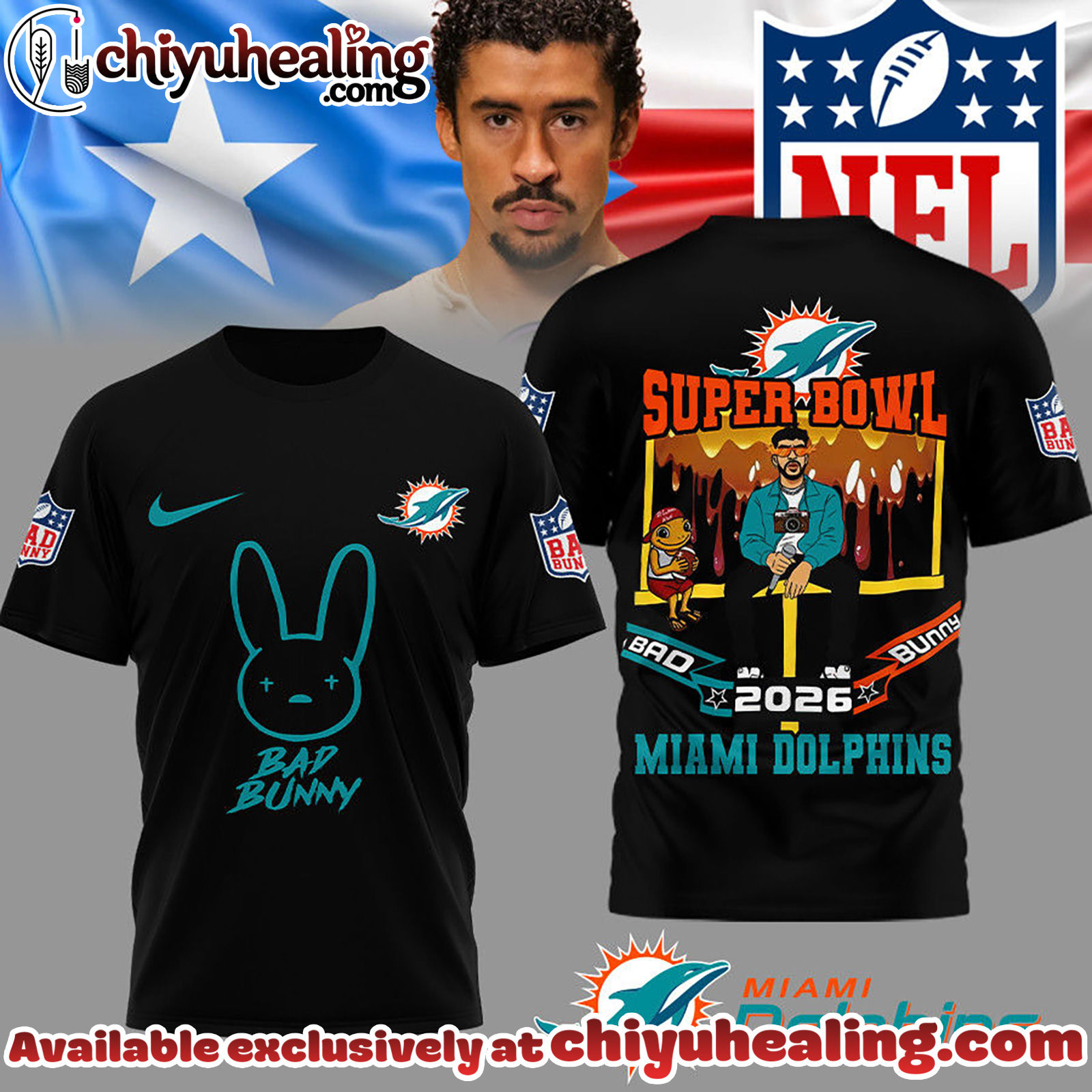 Miami Dolphins Premium NFL Bad Bunny Super Bowl 3D Shirt Miami Dolphins Premium NFL Bad Bunny Super Bowl 3D Shirt