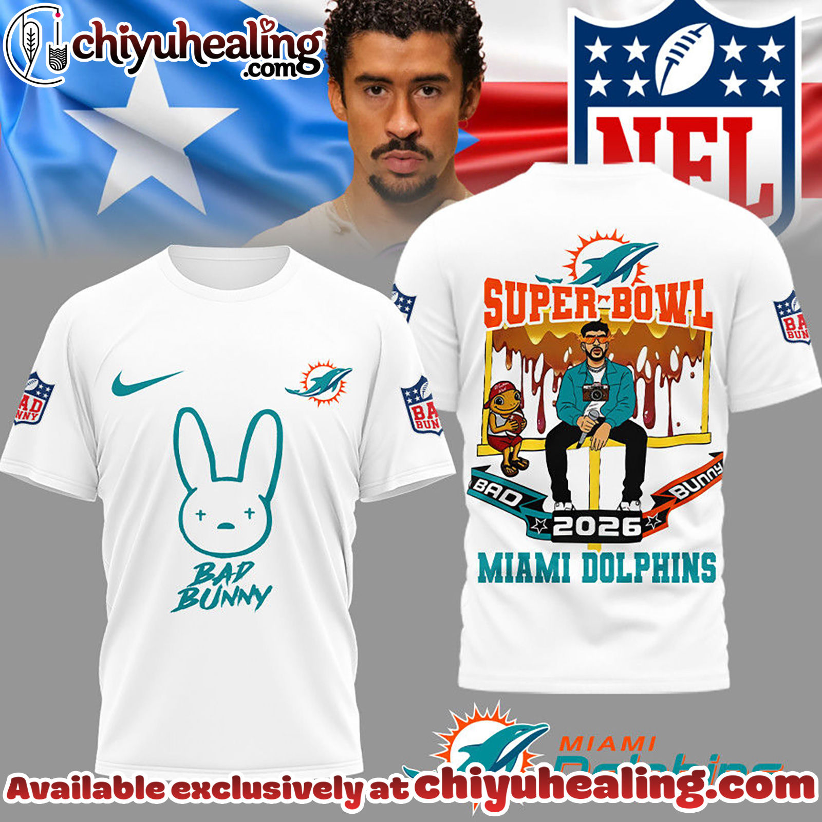Miami Dolphins Premium NFL Bad Bunny Super Bowl 3D Shirt