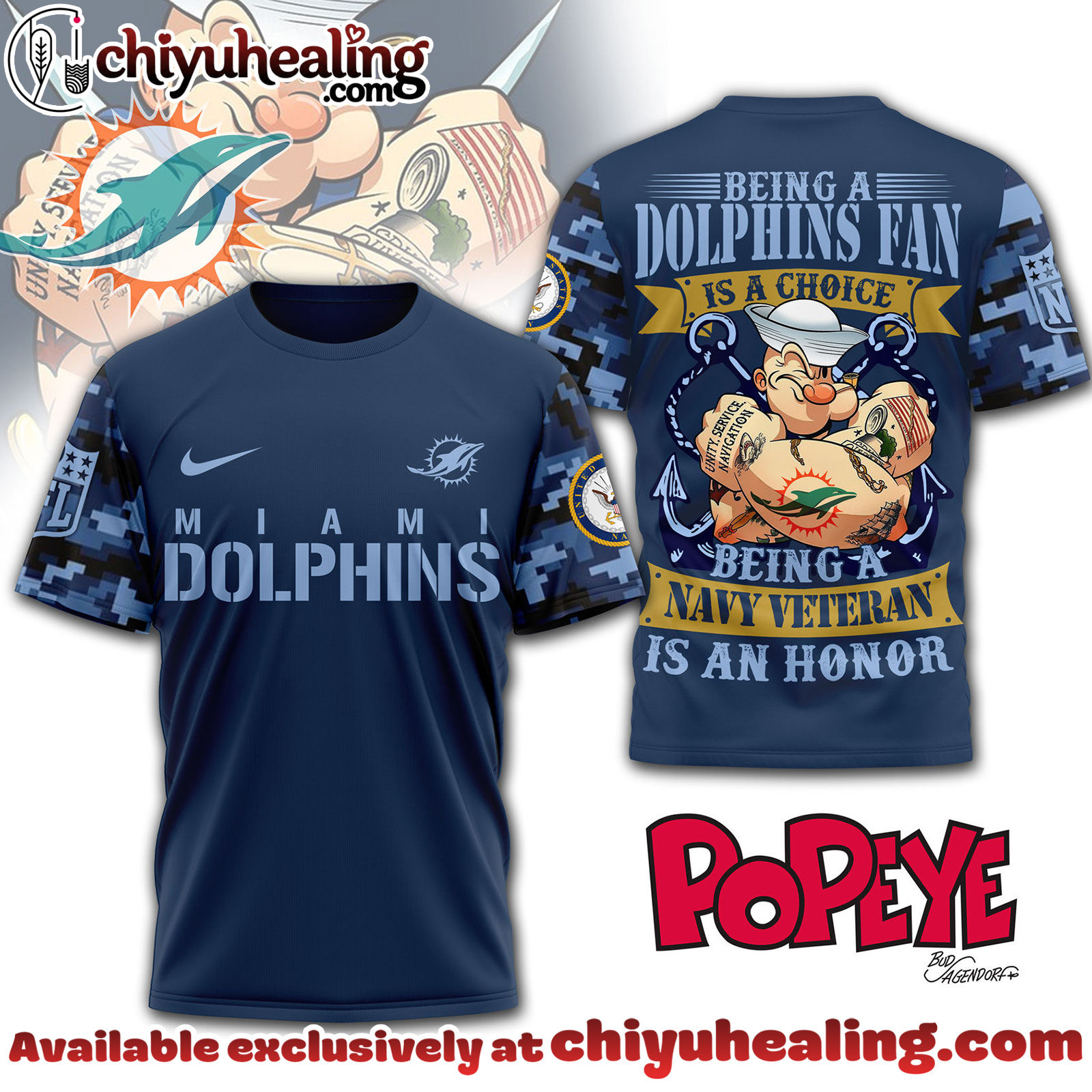 Miami Dolphins Premium NFL Navy Veteran Popeye 3D T-Shirt, Hoodie, Sweatshirt, All Team NFL