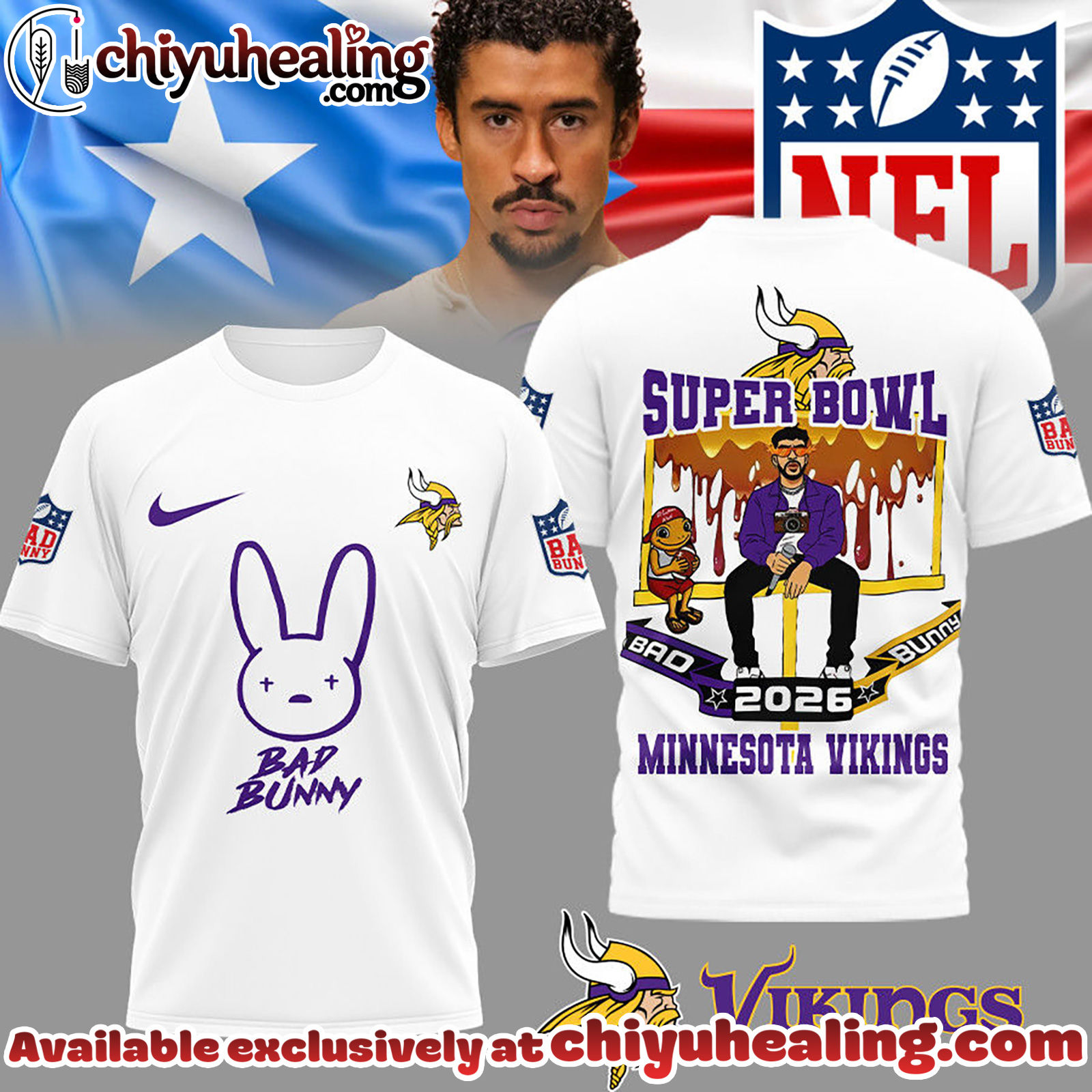 Minnesota Vikings Premium NFL Bad Bunny Super Bowl 3D Shirt