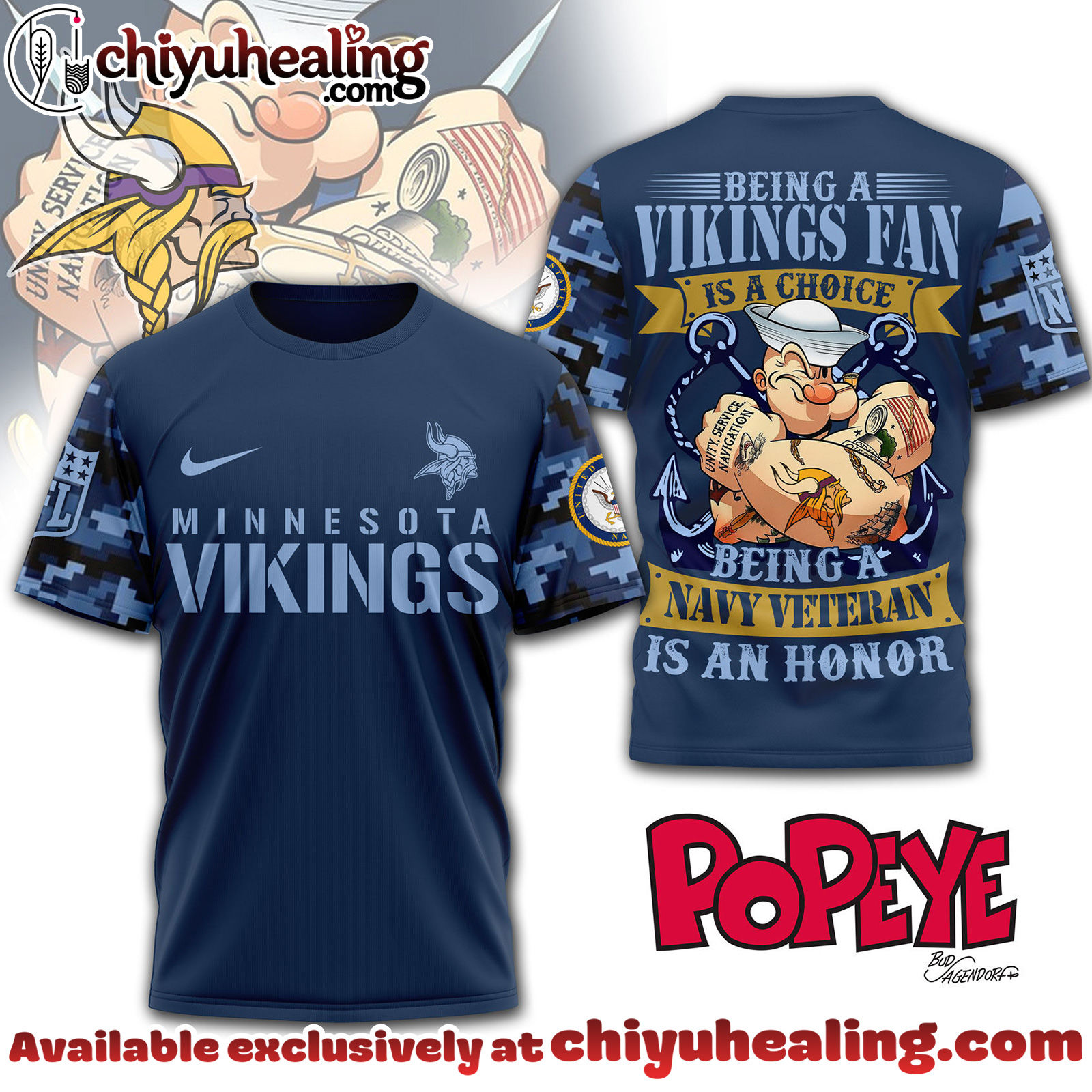 Minnesota Vikings Premium NFL Navy Veteran Popeye 3D T-Shirt, Hoodie, Sweatshirt, All Team NFL