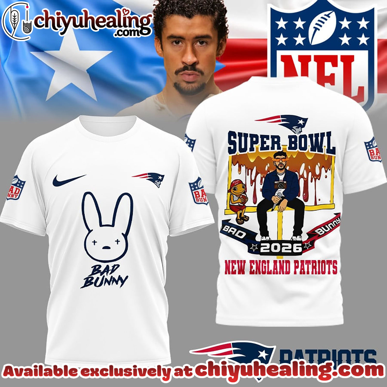 New England Patriots Premium NFL Bad Bunny Super Bowl 3D Shirt