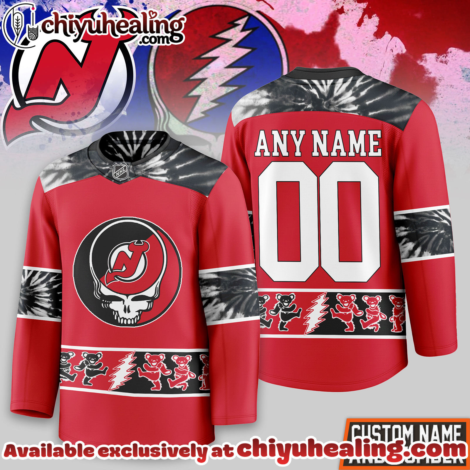 New Jersey Devils Premium NHL Tie-Dye Skull Hockey Jersey