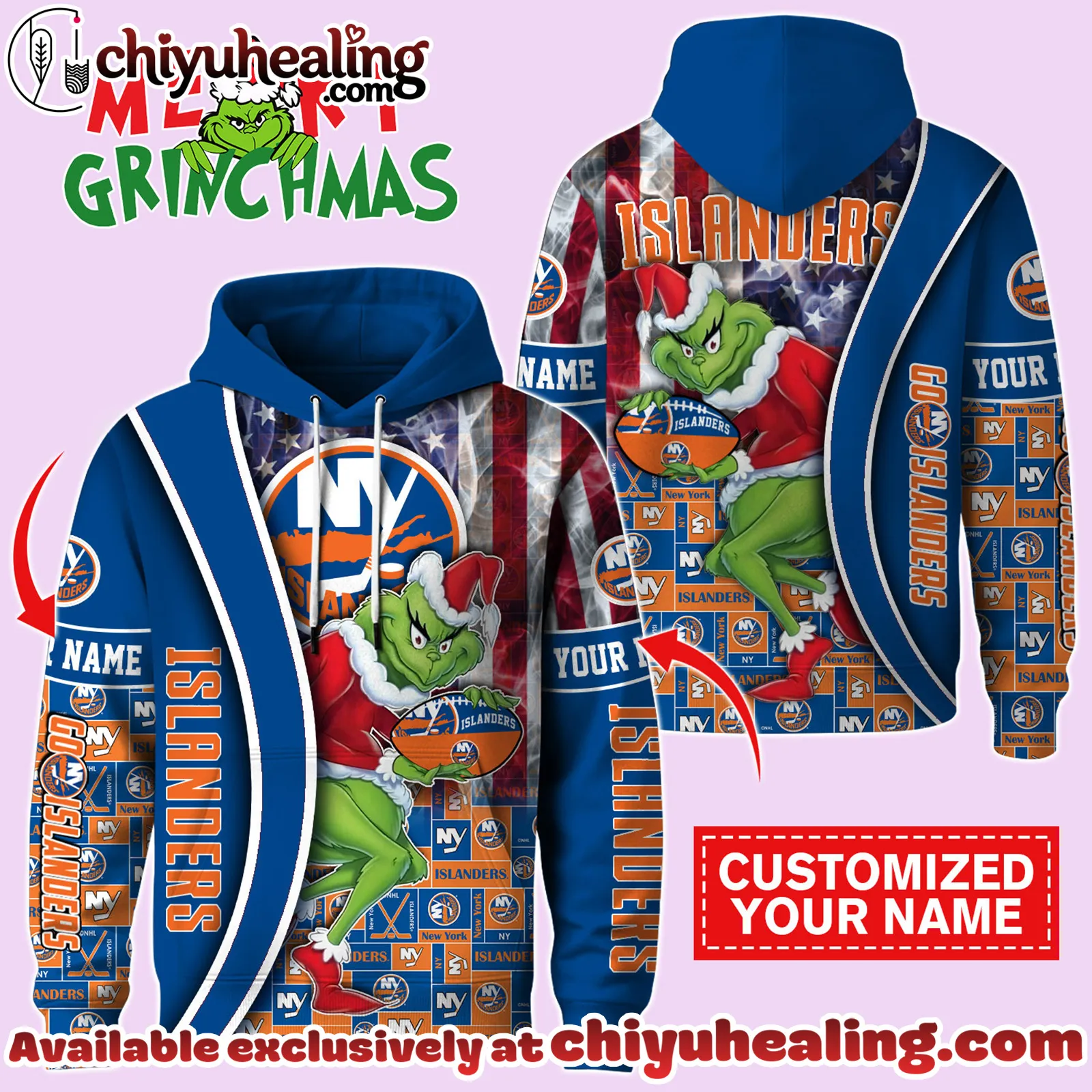 New York Islanders x The Grinch Christmas Hockey Hoodie Limited Edition-3D Unisex Hoodie