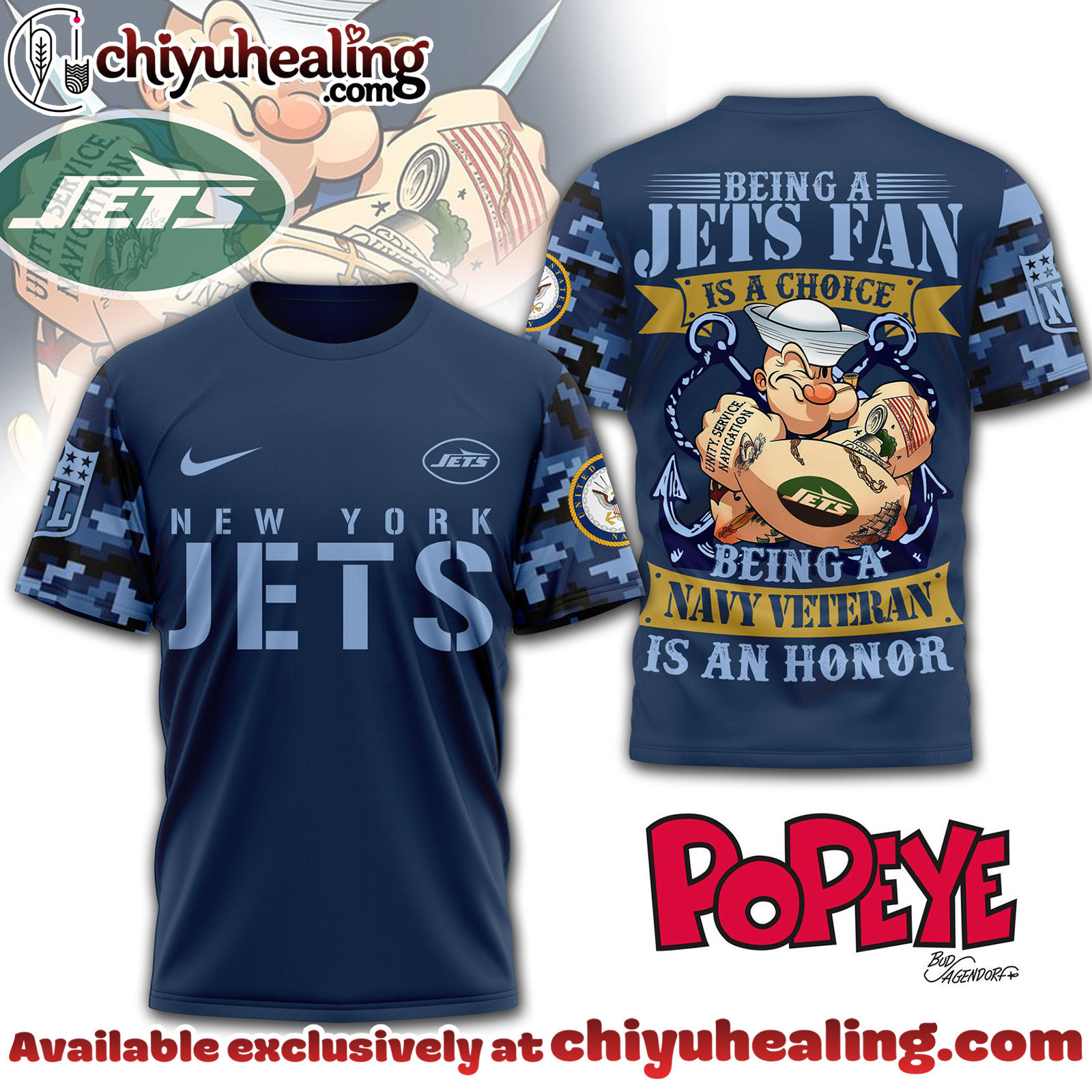 New York Jets Premium NFL Navy Veteran Popeye 3D T-Shirt, Hoodie, Sweatshirt, All Team NFL