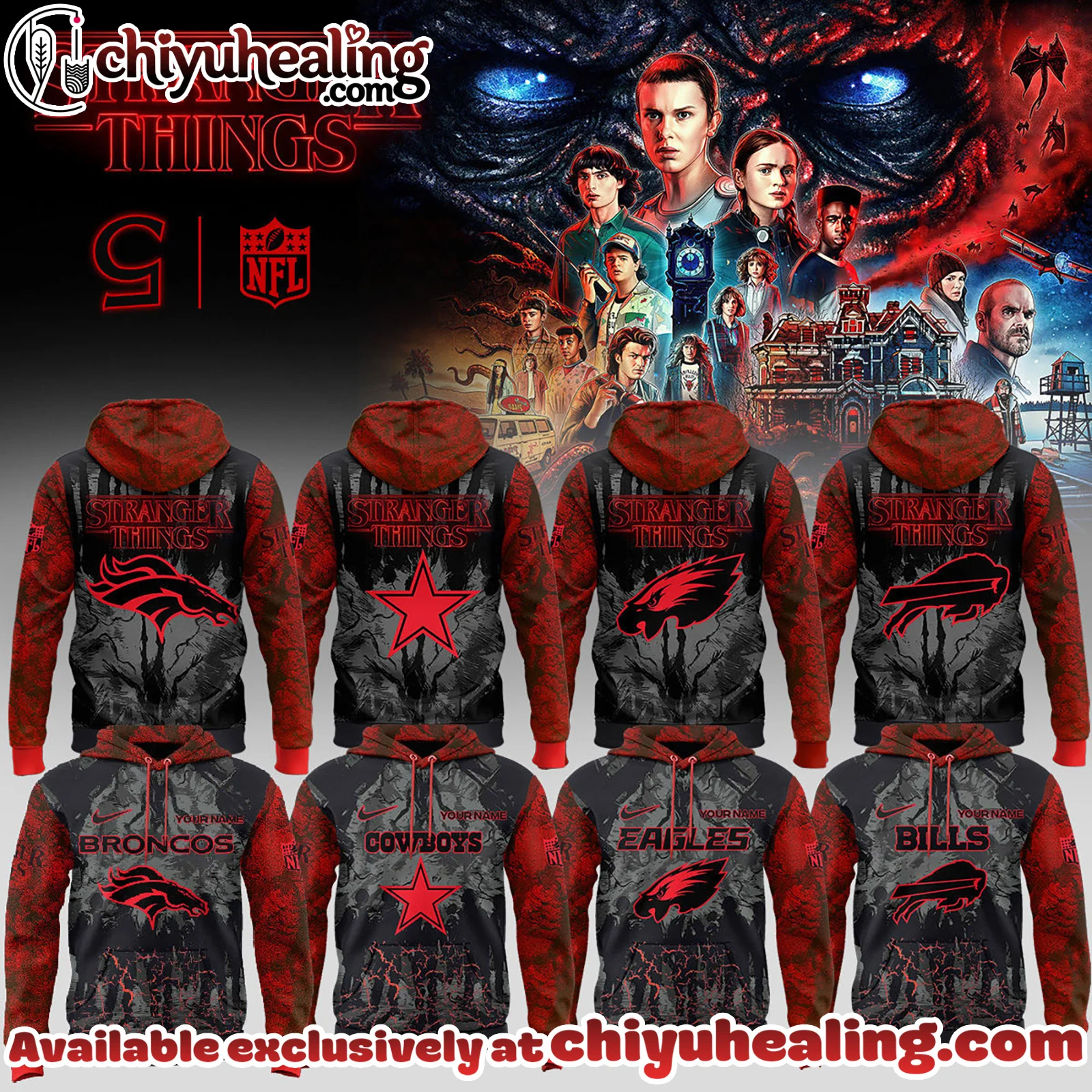 NFL x Stranger Things Hoodie, Shirt, Sweatshirt - All Teams NFL Custom Name