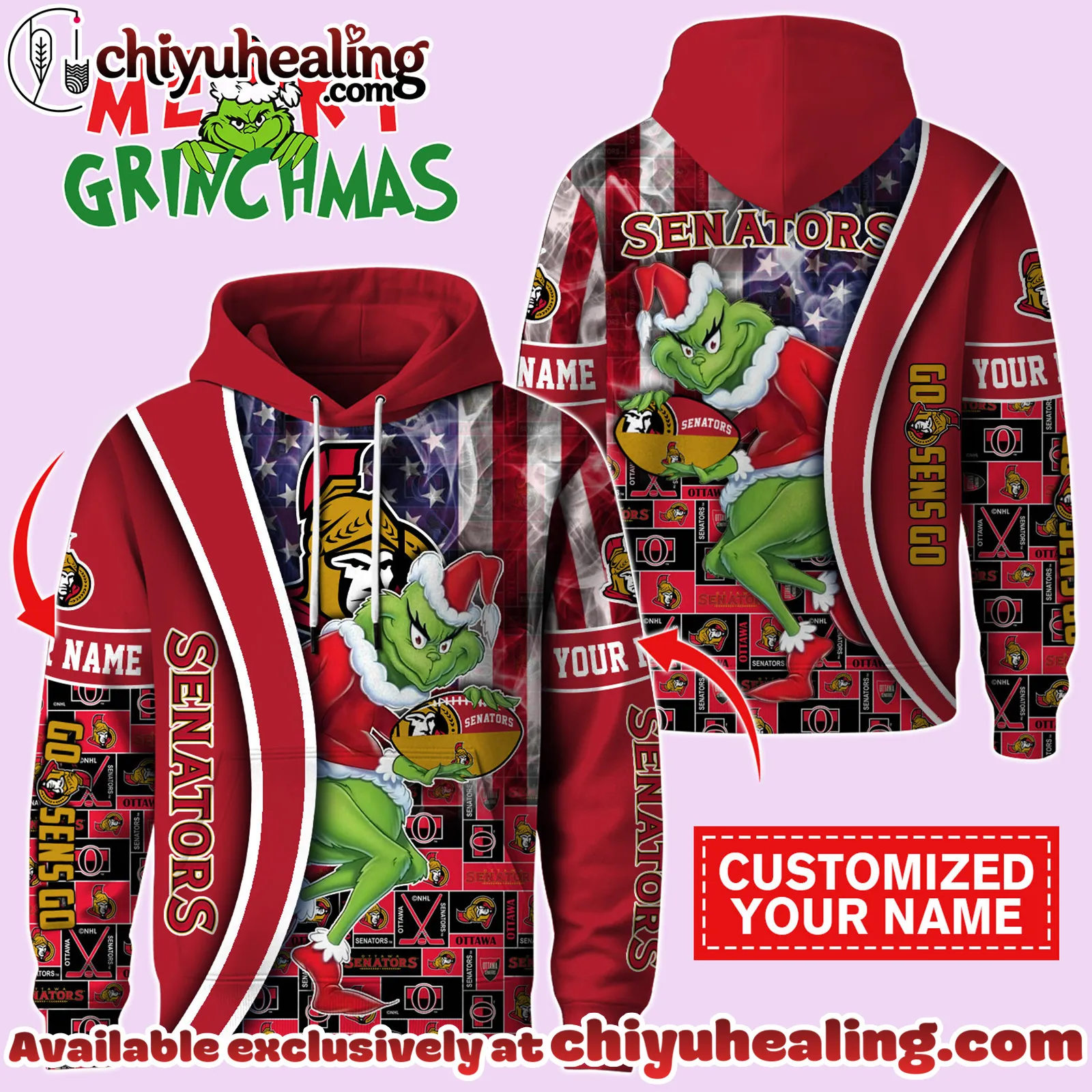 Ottawa Senators x The Grinch Christmas Hockey Hoodie Limited Edition-3D Unisex Hoodie