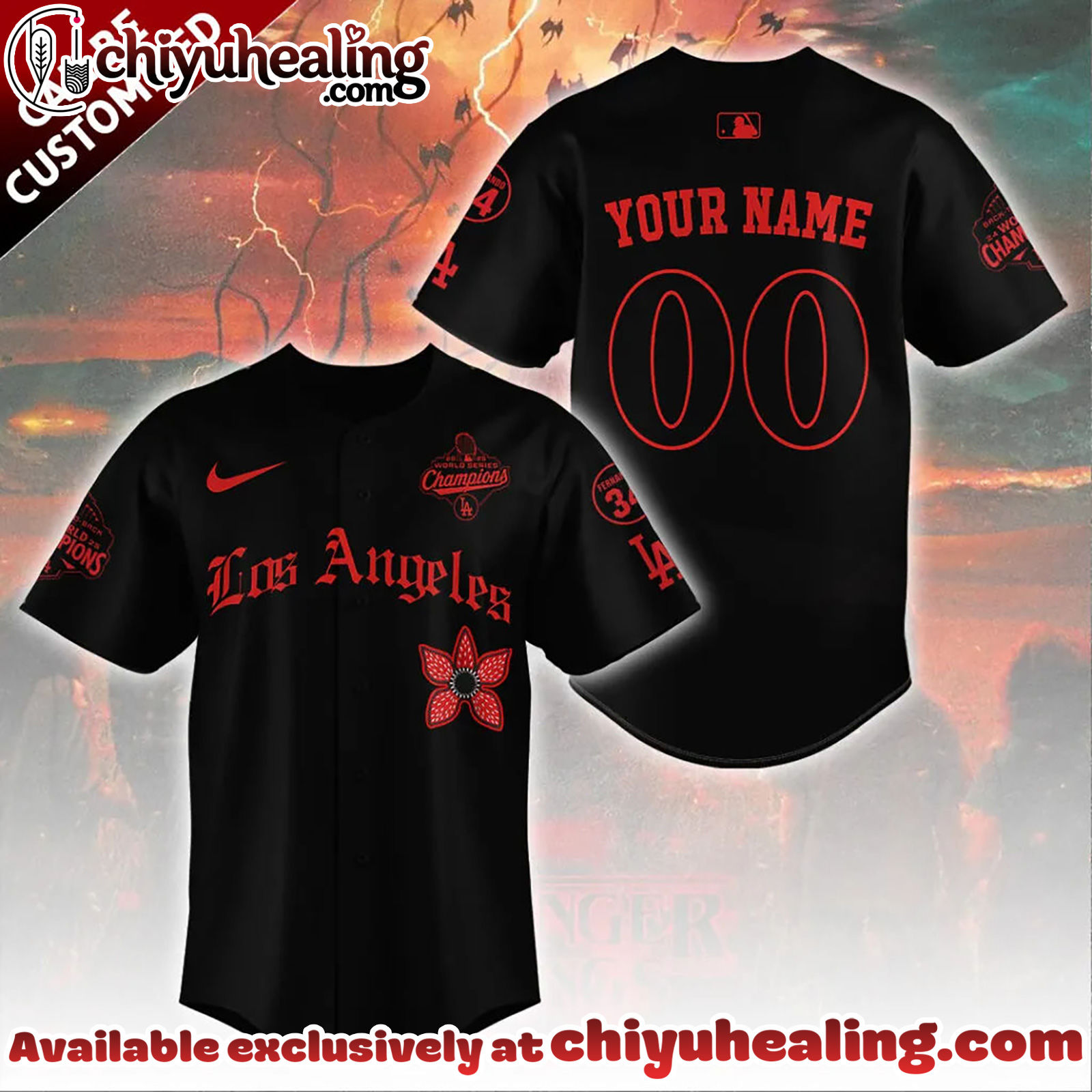 Personalized Los Angeles Dodgers 2025 Champions x Stranger Things Baseball Jersey - Ver 3