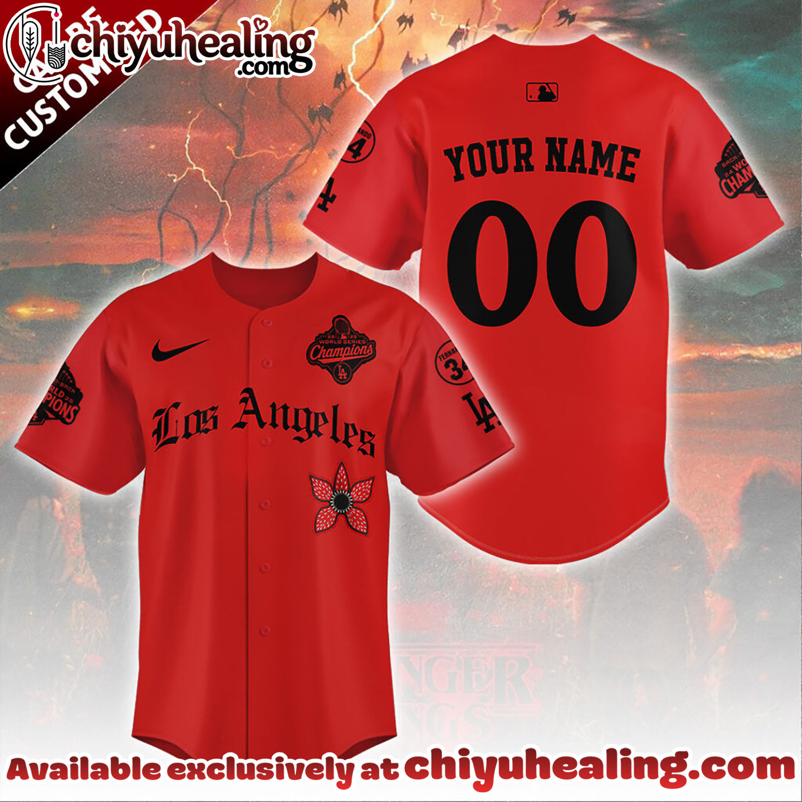 Personalized Los Angeles Dodgers 2025 Champions x Stranger Things Baseball Jersey