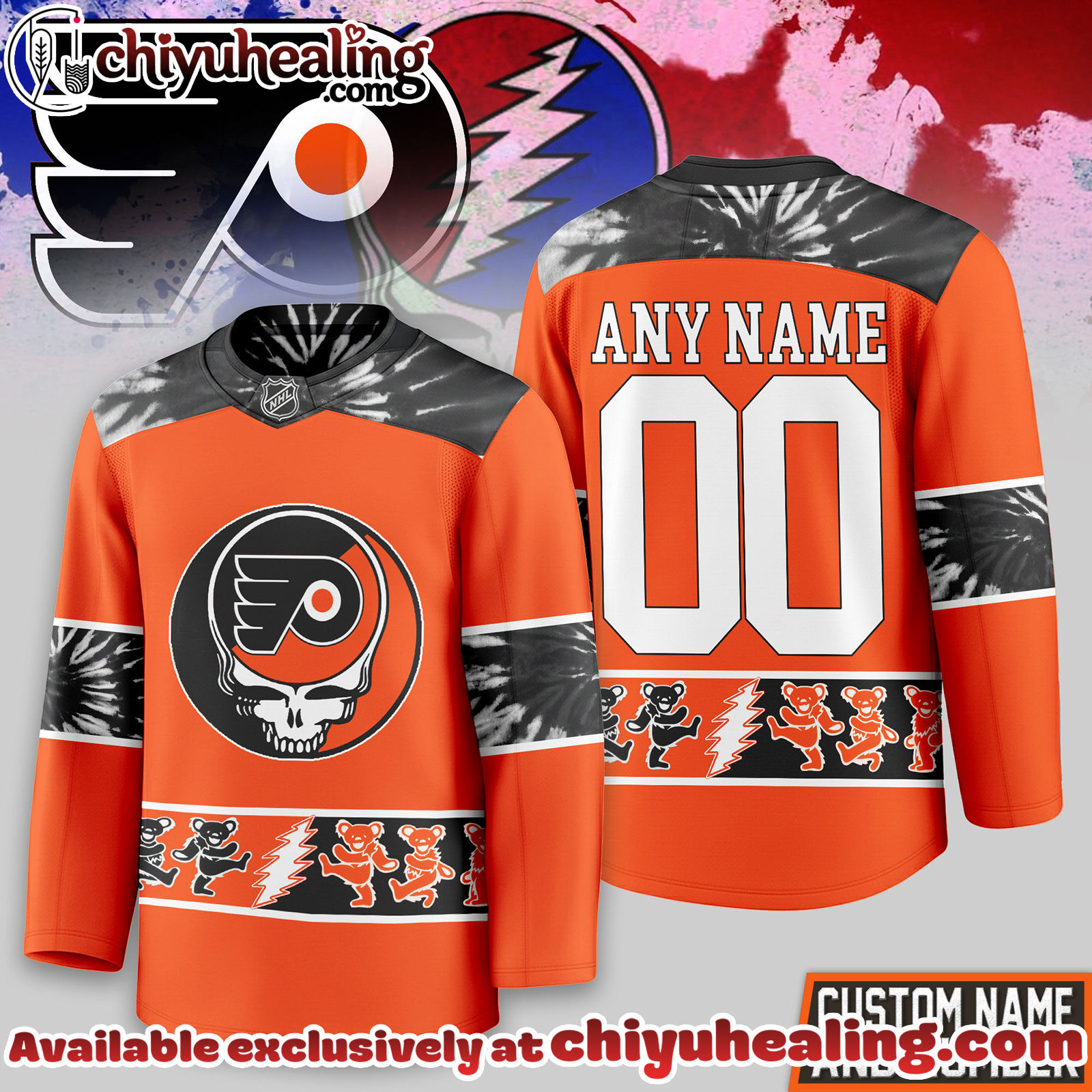 Philadelphia Flyers Premium NHL Tie-Dye Skull Hockey Jersey