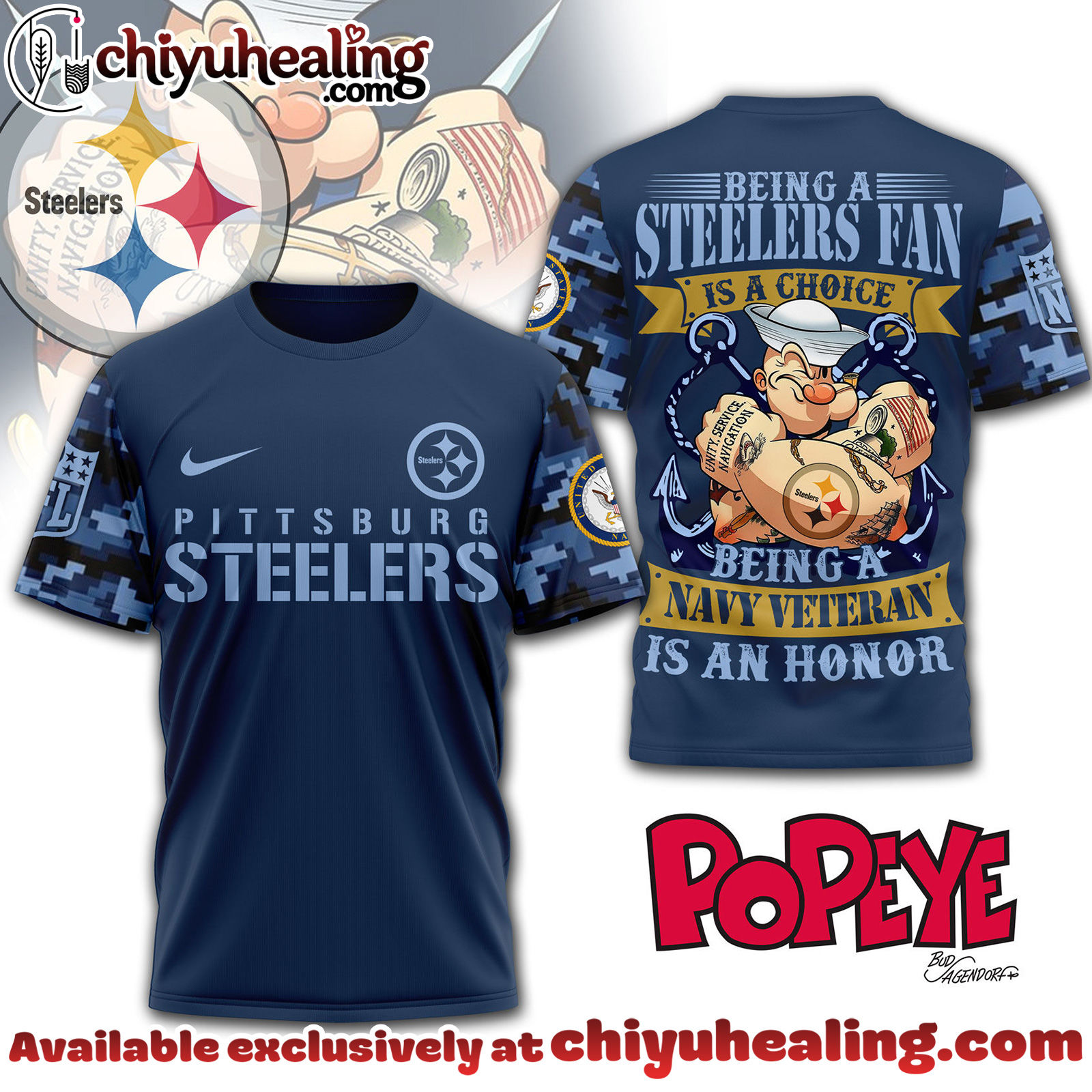 Pittsburgh Steelers Premium NFL Navy Veteran Popeye 3D T-Shirt, Hoodie, Sweatshirt, All Team NFL
