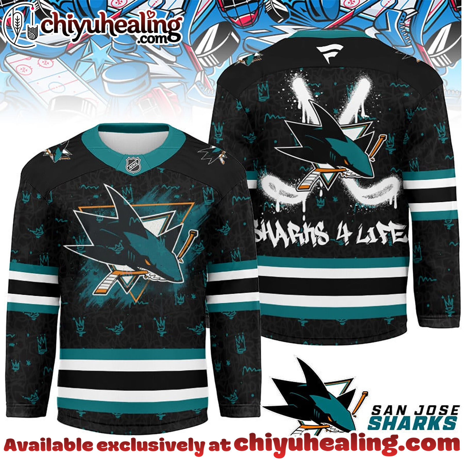 San Jose Sharks Premium NHL Graffiti My Team 4 Life Hockey Jersey
