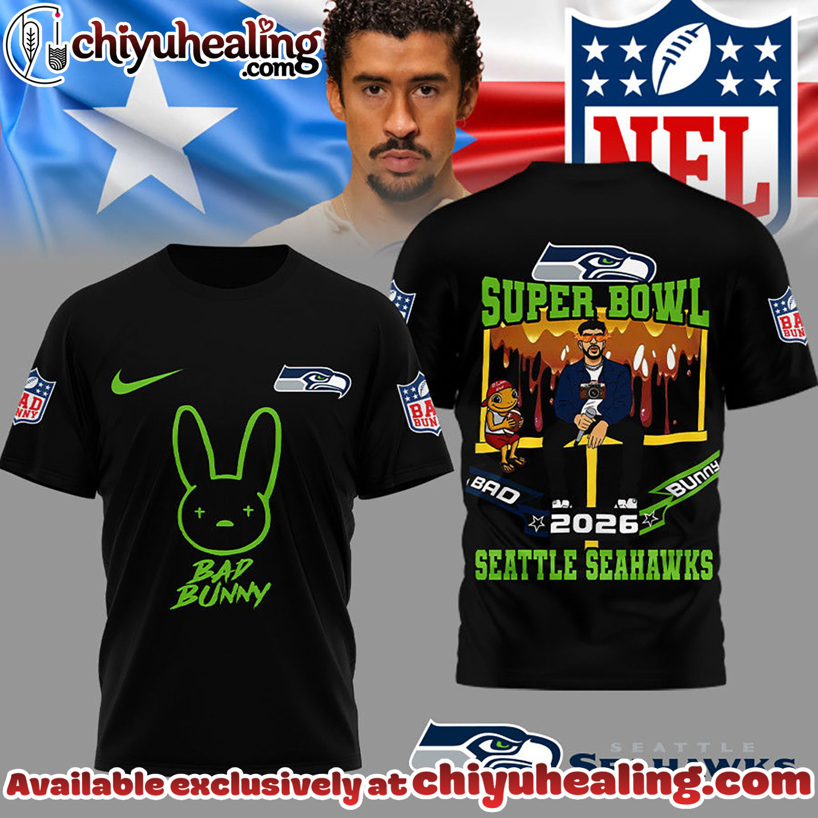 Seattle Seahawks Premium NFL Bad Bunny Super Bowl 3D Shirt Seattle Seahawks Premium NFL Bad Bunny Super Bowl 3D Shirt