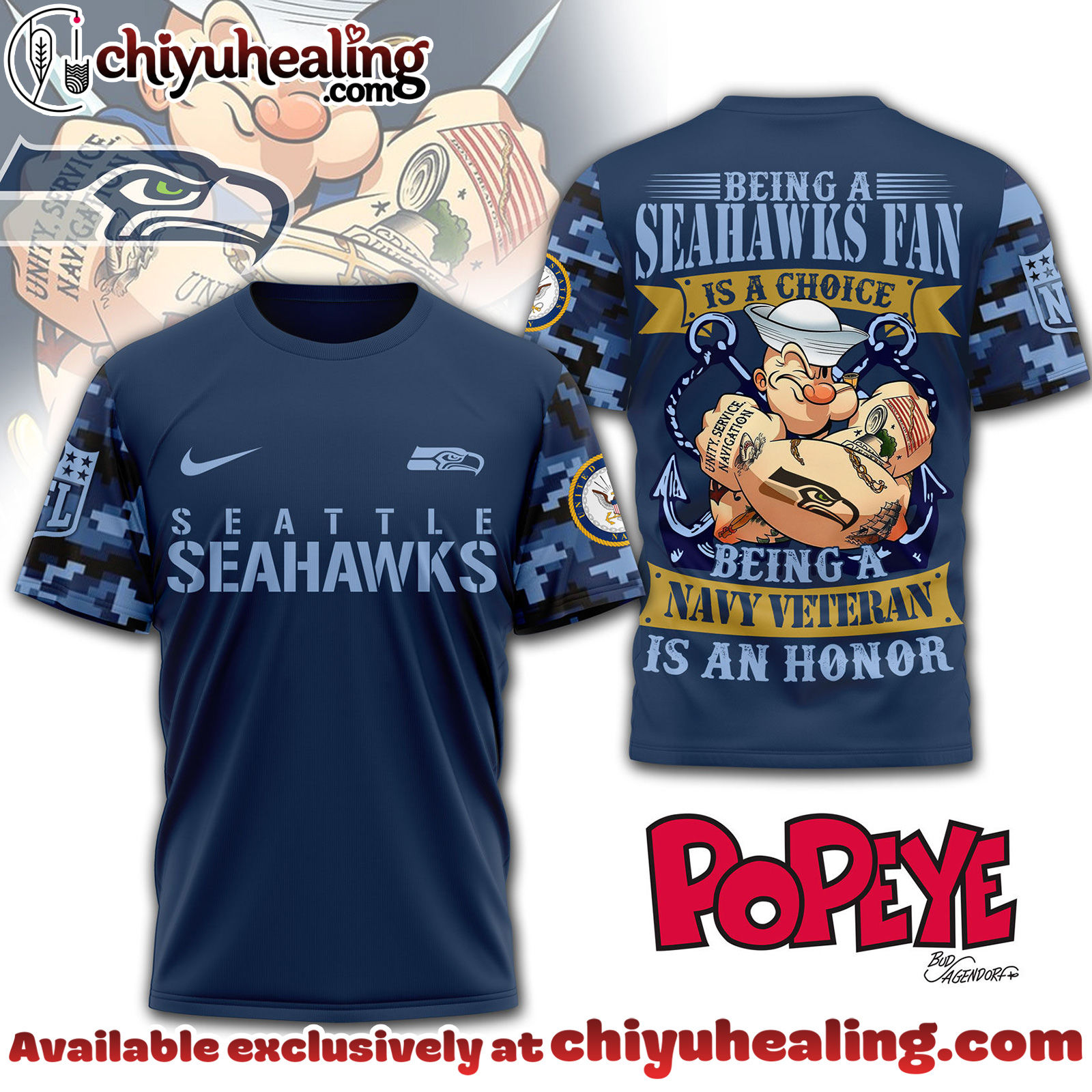 Seattle Seahawks Premium NFL Navy Veteran Popeye 3D T-Shirt, Hoodie, Sweatshirt, All Team NFL