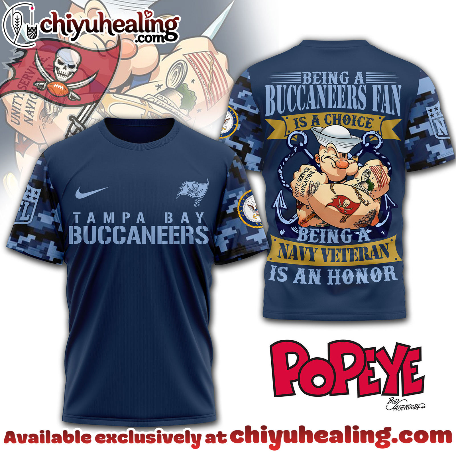 Tampa Bay Buccaneers Premium NFL Navy Veteran Popeye 3D T-Shirt, Hoodie, Sweatshirt, All Team NFL