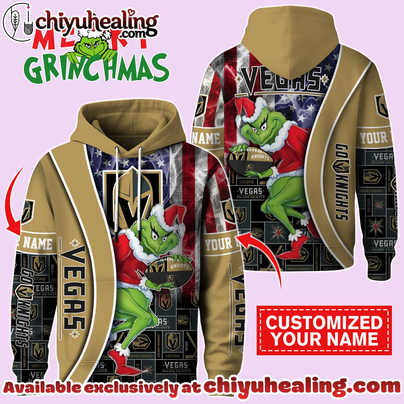 Vegas Golden Knights x The Grinch Christmas Hockey Hoodie Limited Edition-3D Unisex Hoodie