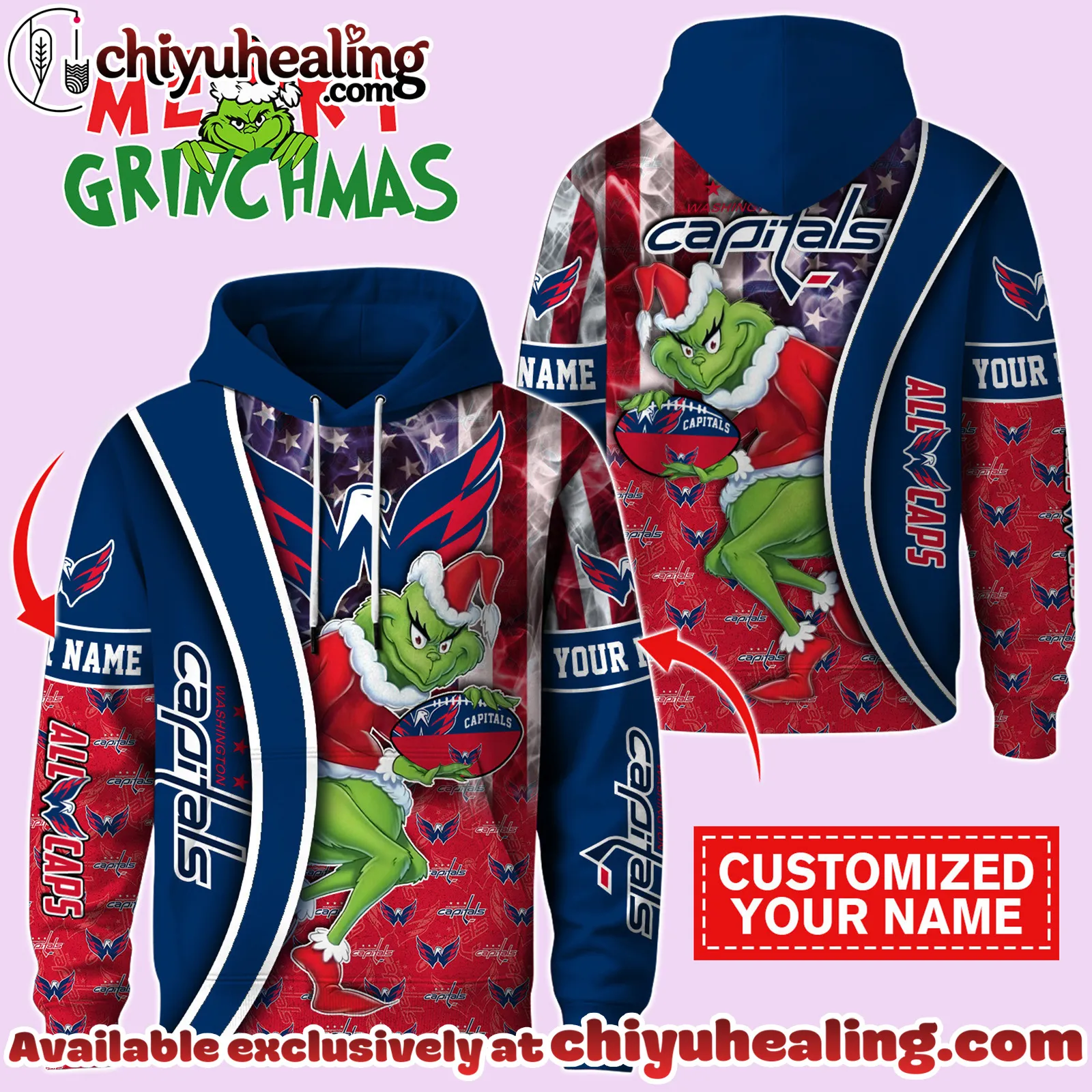 Washington Capitals x The Grinch Christmas Hockey Hoodie Limited Edition-3D Unisex Hoodie