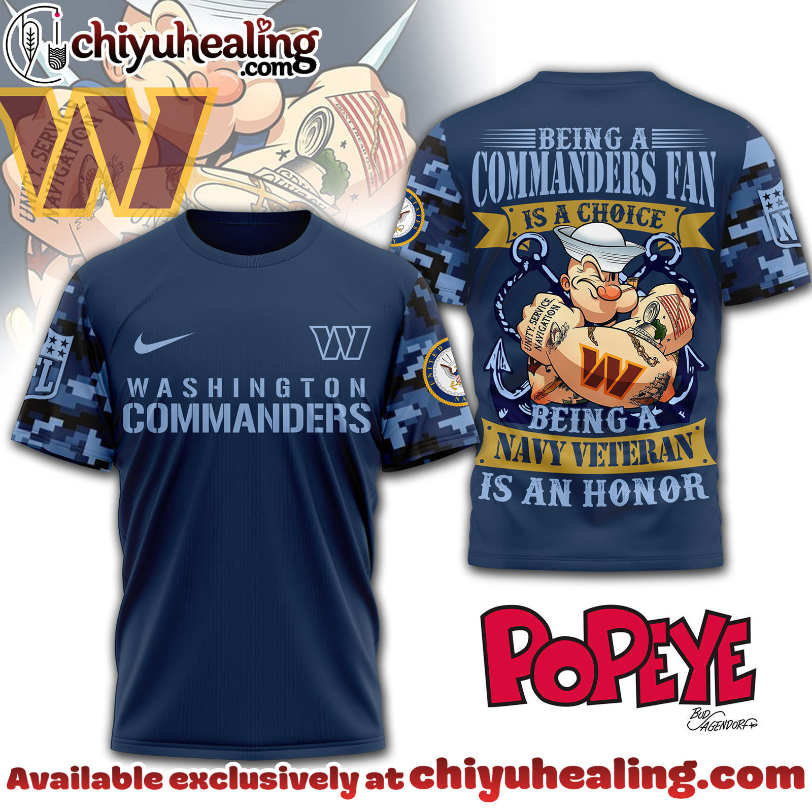 Washington Coanders Premium NFL Navy Veteran Popeye 3D T-Shirt, Hoodie, Sweatshirt, All Team NFL