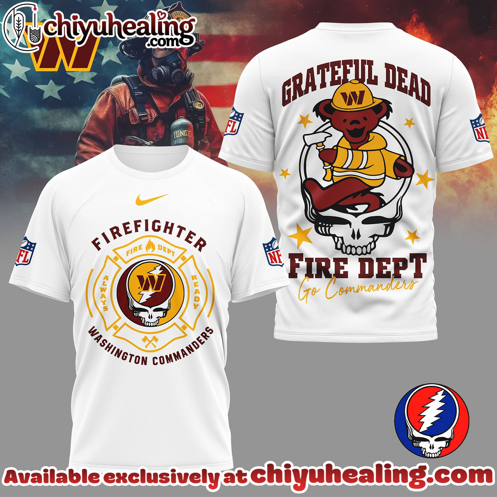 Washington Commanders Premium NFL Grateful Dead Firefighter 3D Shirt, Hoodie, Sweatshirt