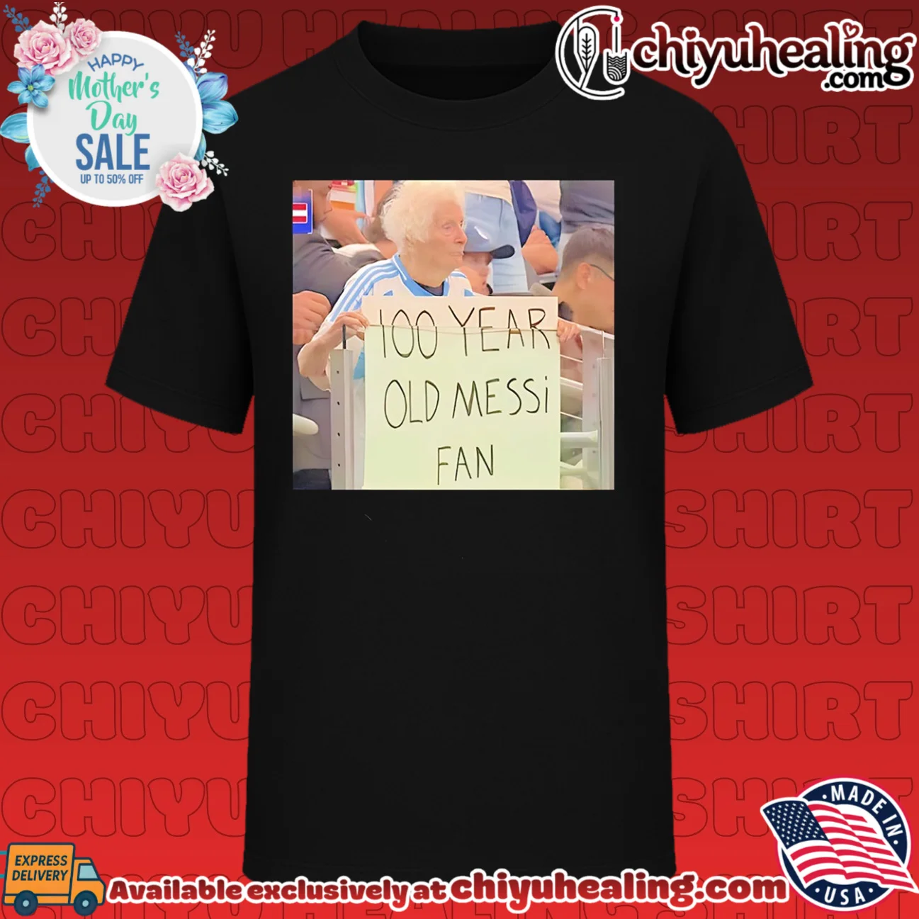 100 year old Messi fan lady holding big sign shirt & hoodie