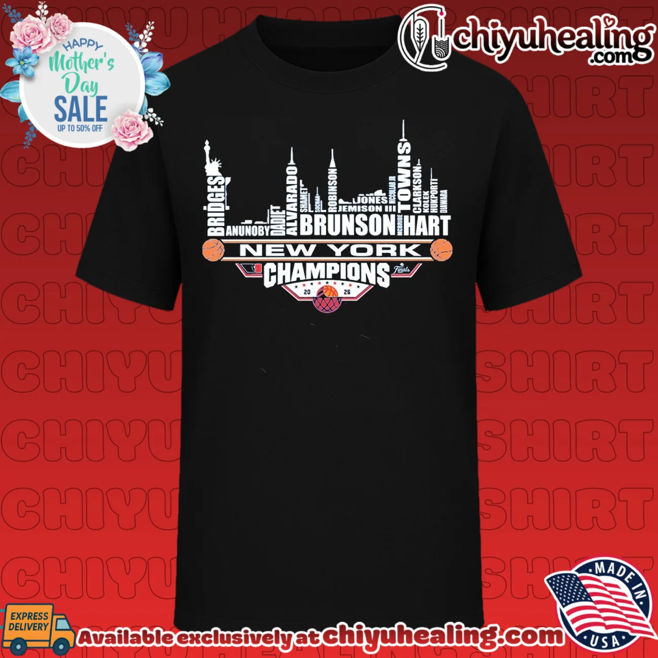 2026 NBA Champions New York Knicks player name skyline