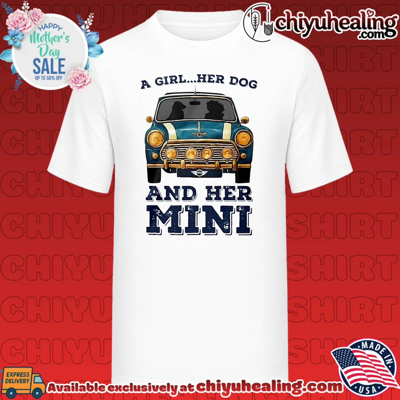 A girl and her dog and her mini car