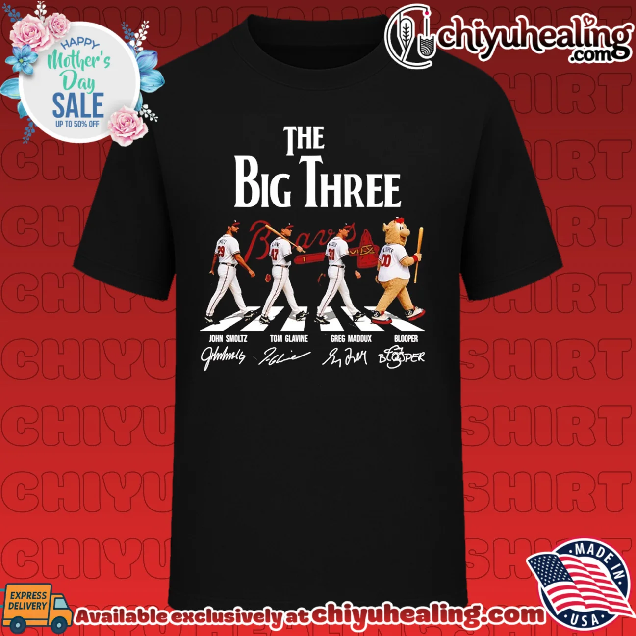 Atlanta Braves The Big Three John Smoltz Tom Glavine Greg Maddux and Blooper shirt & hoodie