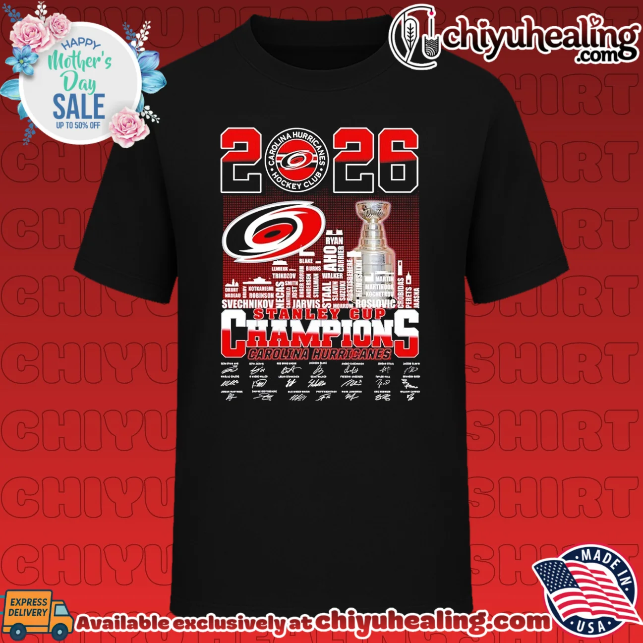 Carolina Hurricanes 2026 Stanley Cup Champions player name skyline signature