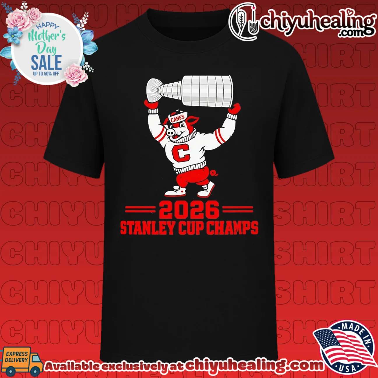 Carolina Hurricanes 2026 Stanley Cup Champs mascot raising trophy shirt & hoodie