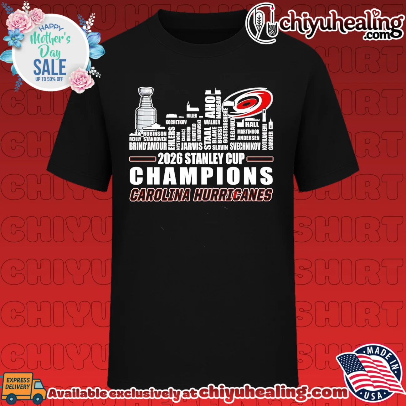 Carolina Hurricanes NHL Stanley Cup Champions 2026 player skyline