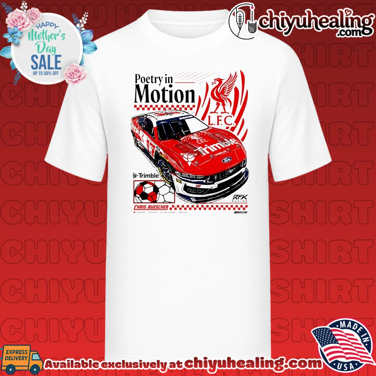 Chris Buescher Poetry in Motion RFK Racing Liverpool FC shirt & hoodie