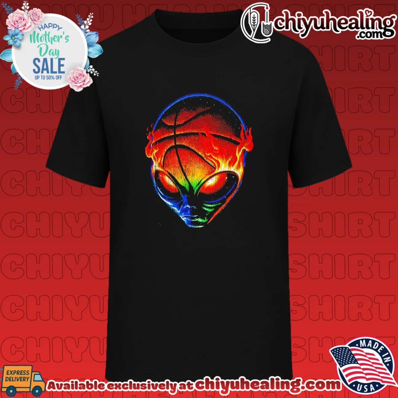 Colorful flaming alien basketball graphic shirt