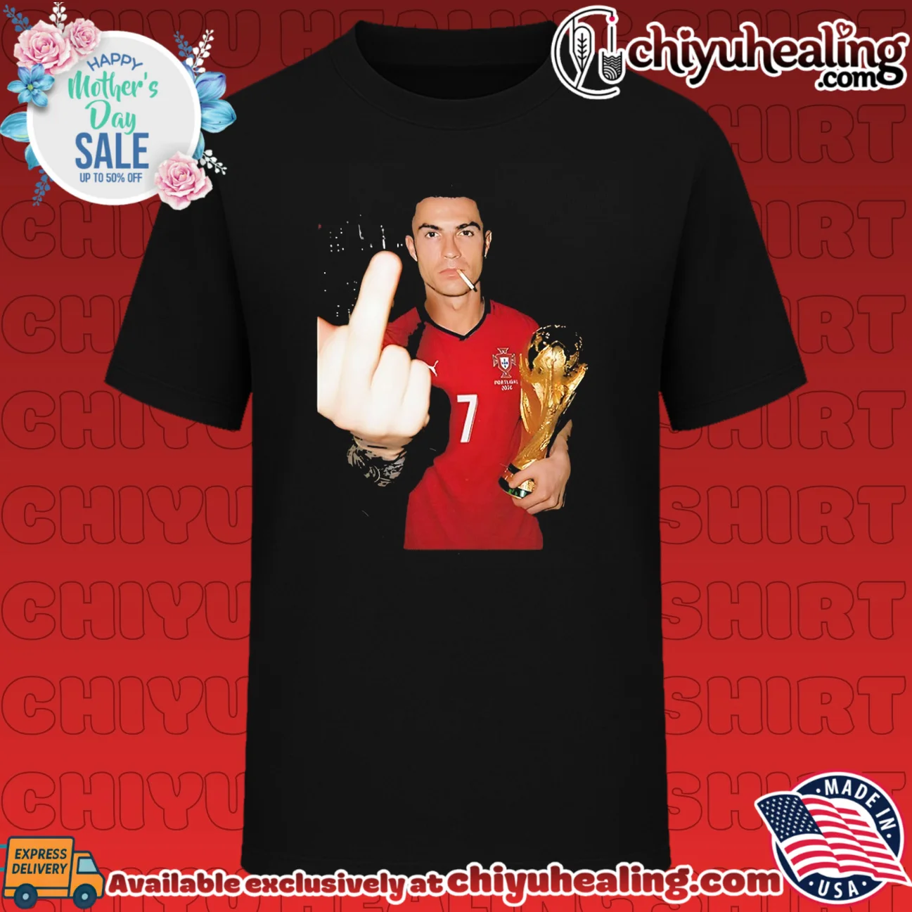 Cristiano Ronaldo holding trophy middle finger