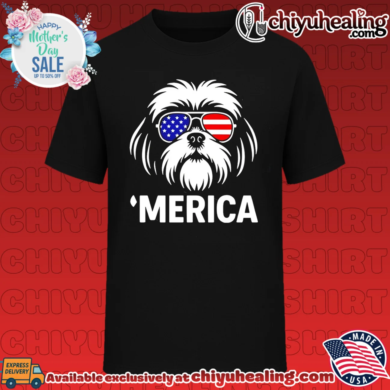 Dog wearing American flag sunglasses graphic shirt