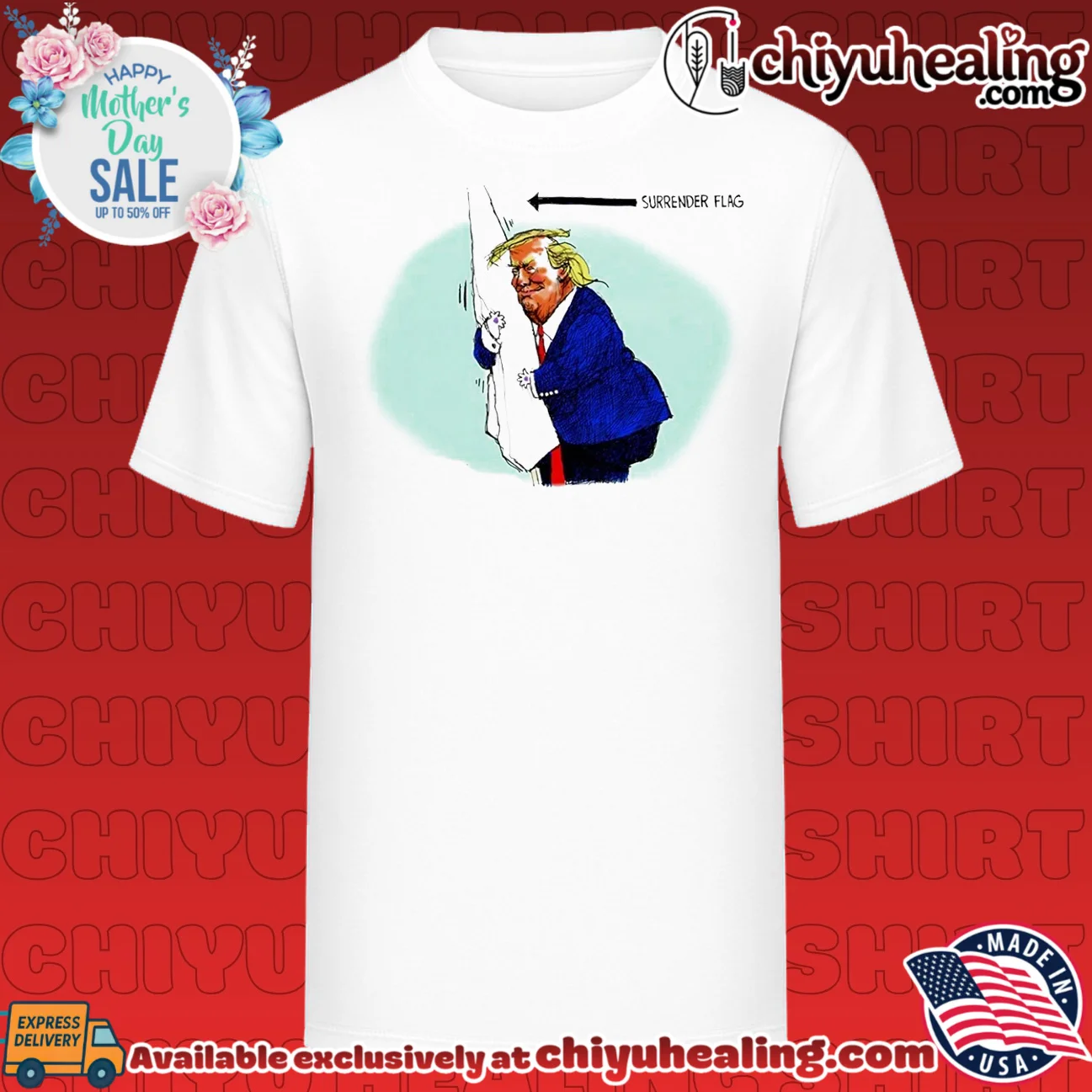 Donald Trump holding a surrender flag political cartoon