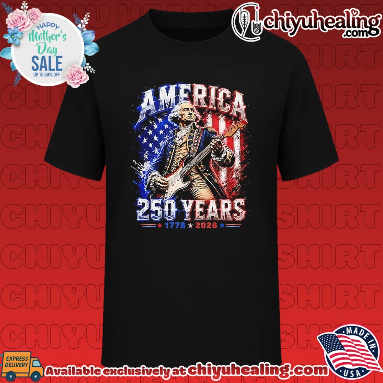 George Washington playing electric guitar American flag background