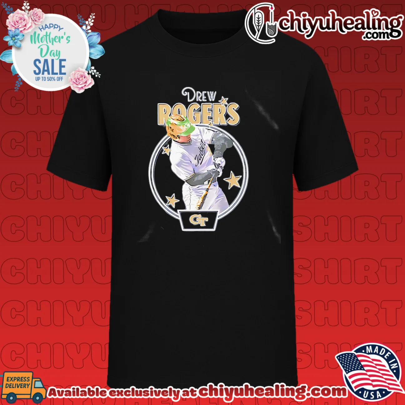 Georgia Tech Drew Rogers swinging pose shirt
