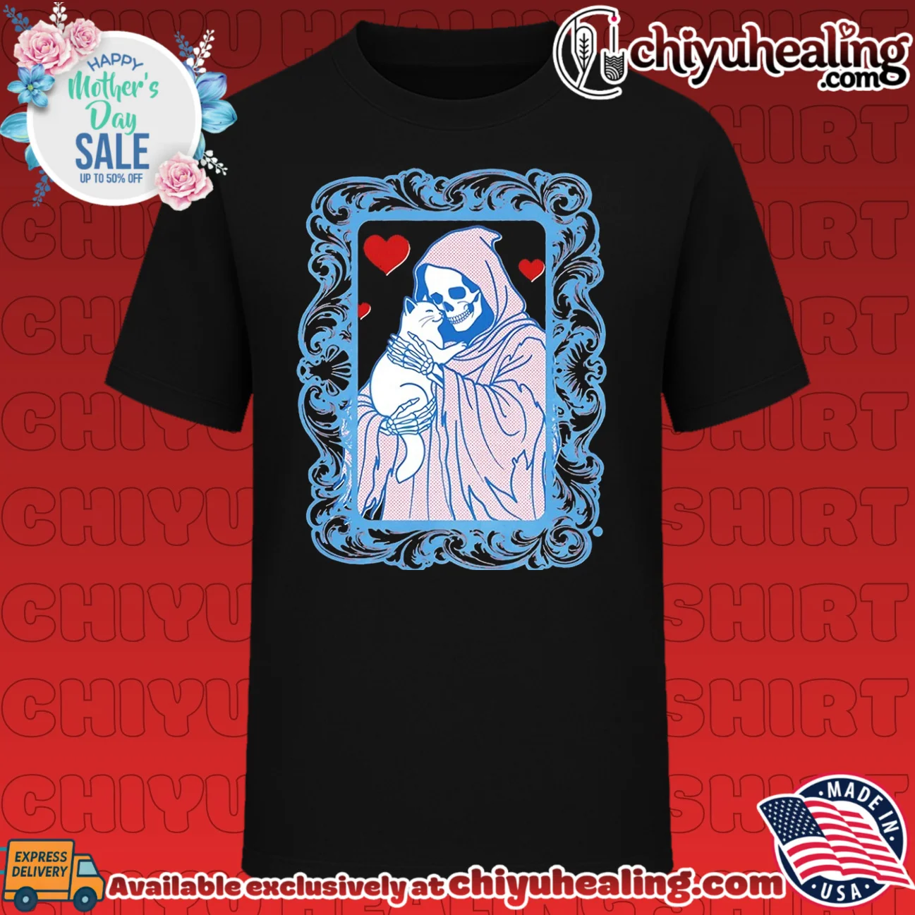 Grim Reaper Holding a White Cat Death Skeleton shirt & hoodie