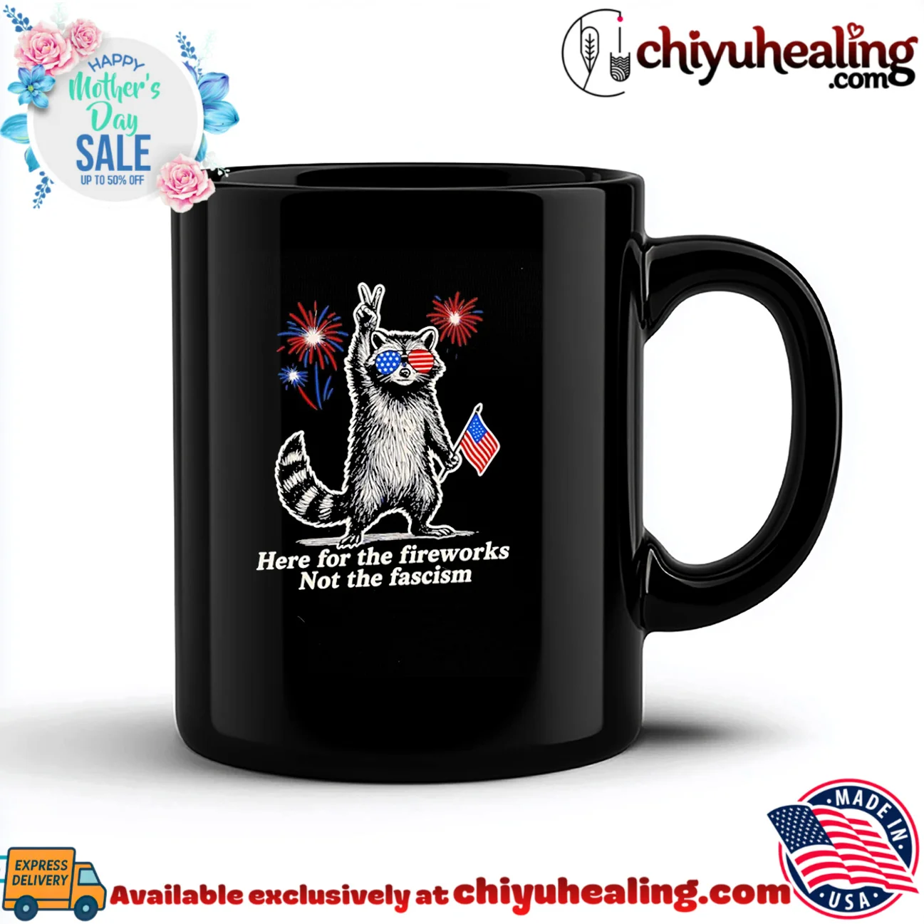 Here for the fireworks not the fascism cartoon Racoon holding American flag timeless shirt & hoodie - Everyday Fit Here for the fireworks not the fascism cartoon Racoon holding American flag